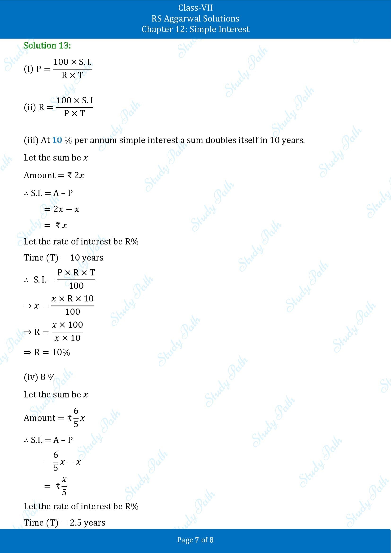 RS Aggarwal Solutions Class 7 Chapter 12 Simple Interest Test Paper 00007