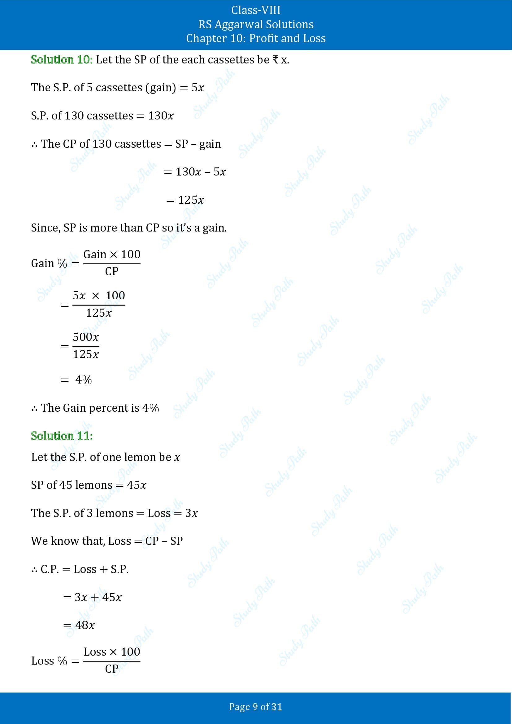 RS Aggarwal Solutions Class 8 Chapter 10 Profit and Loss Exercise 10A 00009