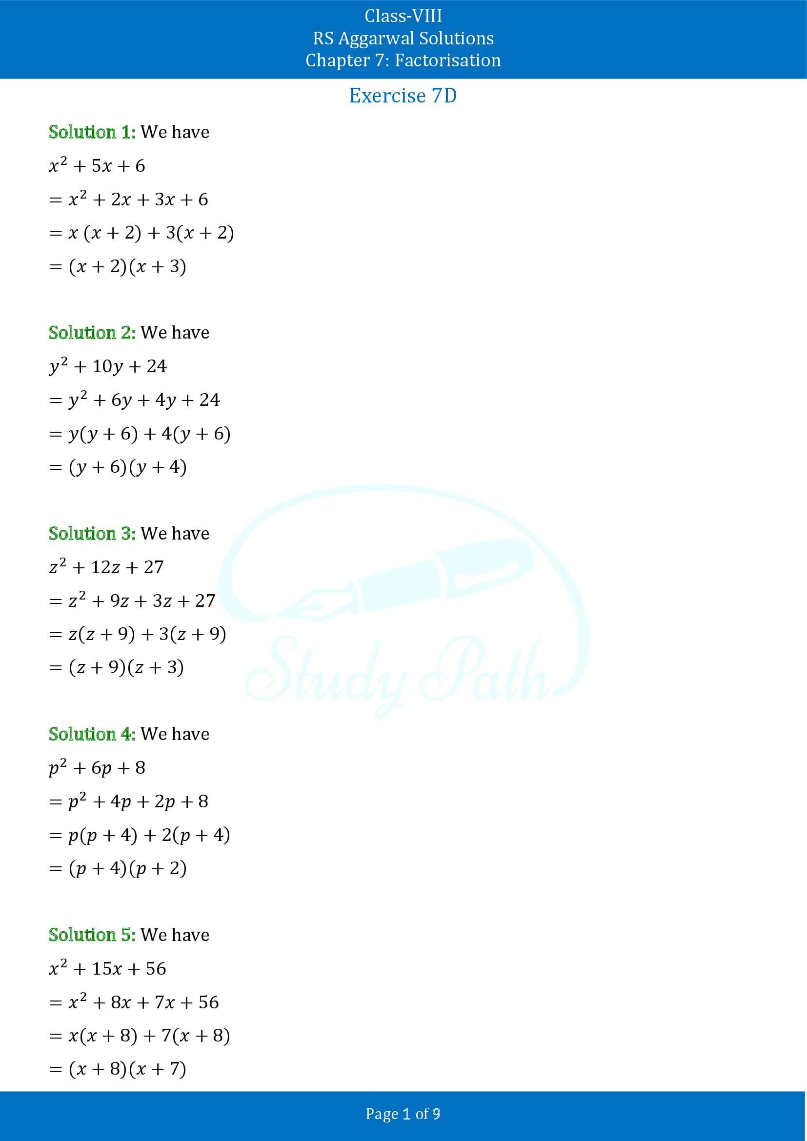 RS Aggarwal Solutions Class 8 Chapter 7 Factorisation Exercise 7D 00001