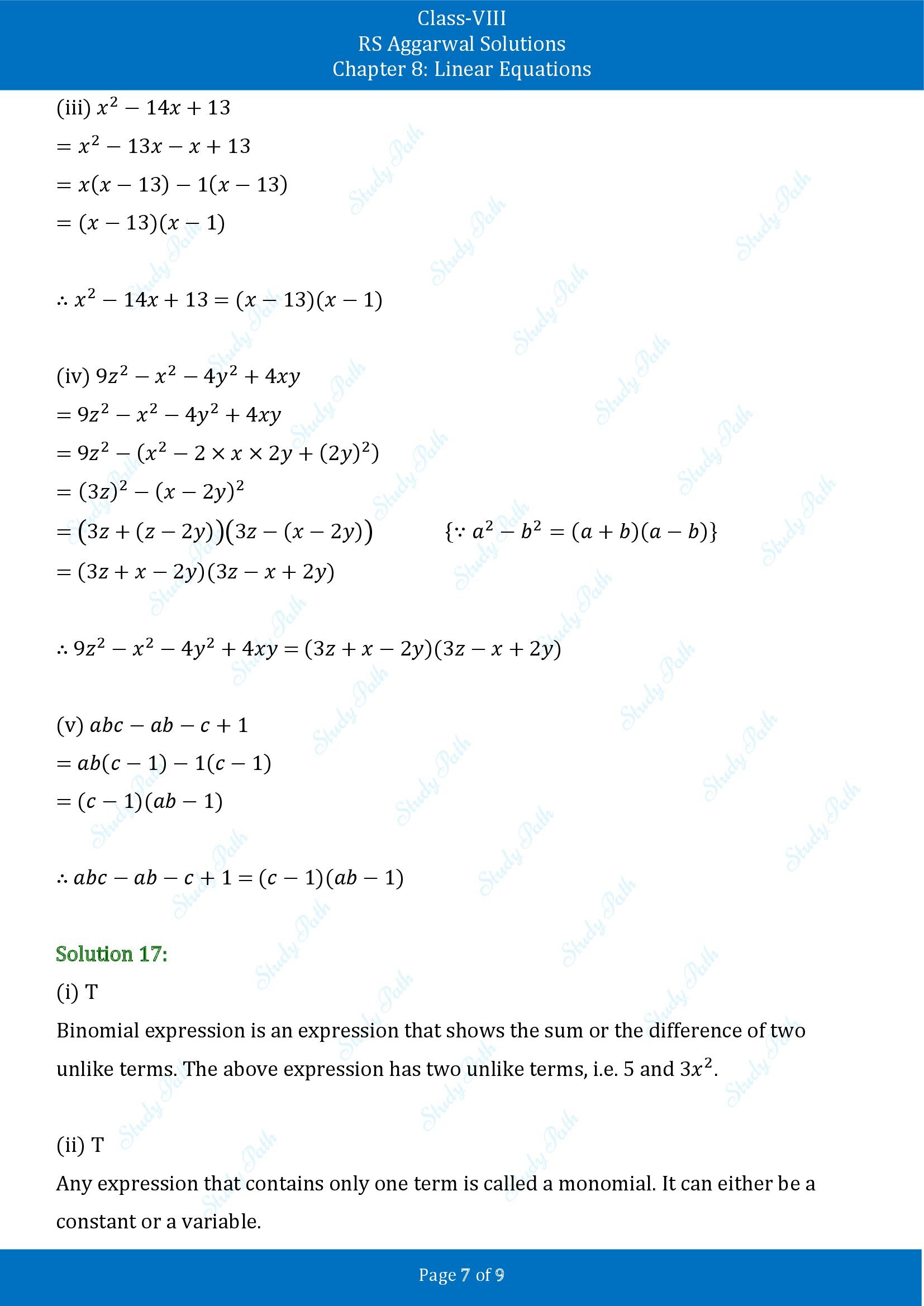 RS Aggarwal Solutions Class 8 Chapter 8 Linear Equations Test Paper 00007