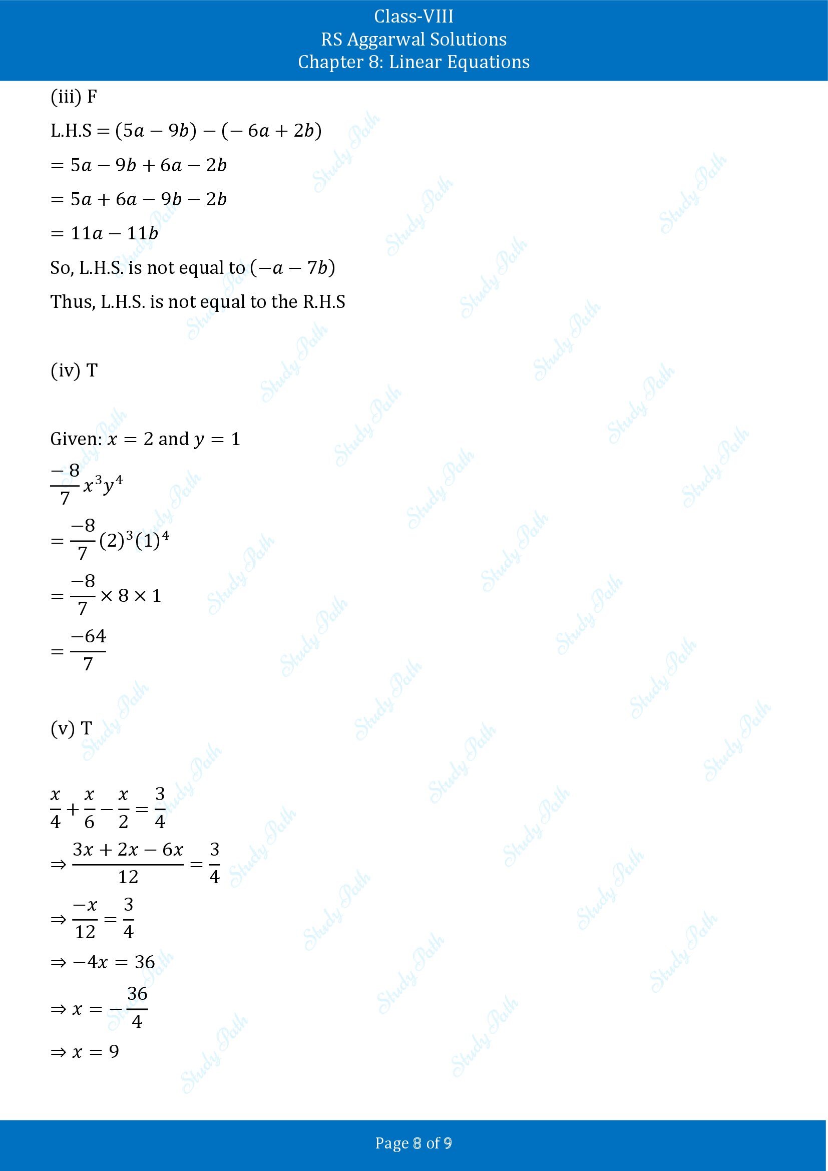 RS Aggarwal Solutions Class 8 Chapter 8 Linear Equations Test Paper 00008