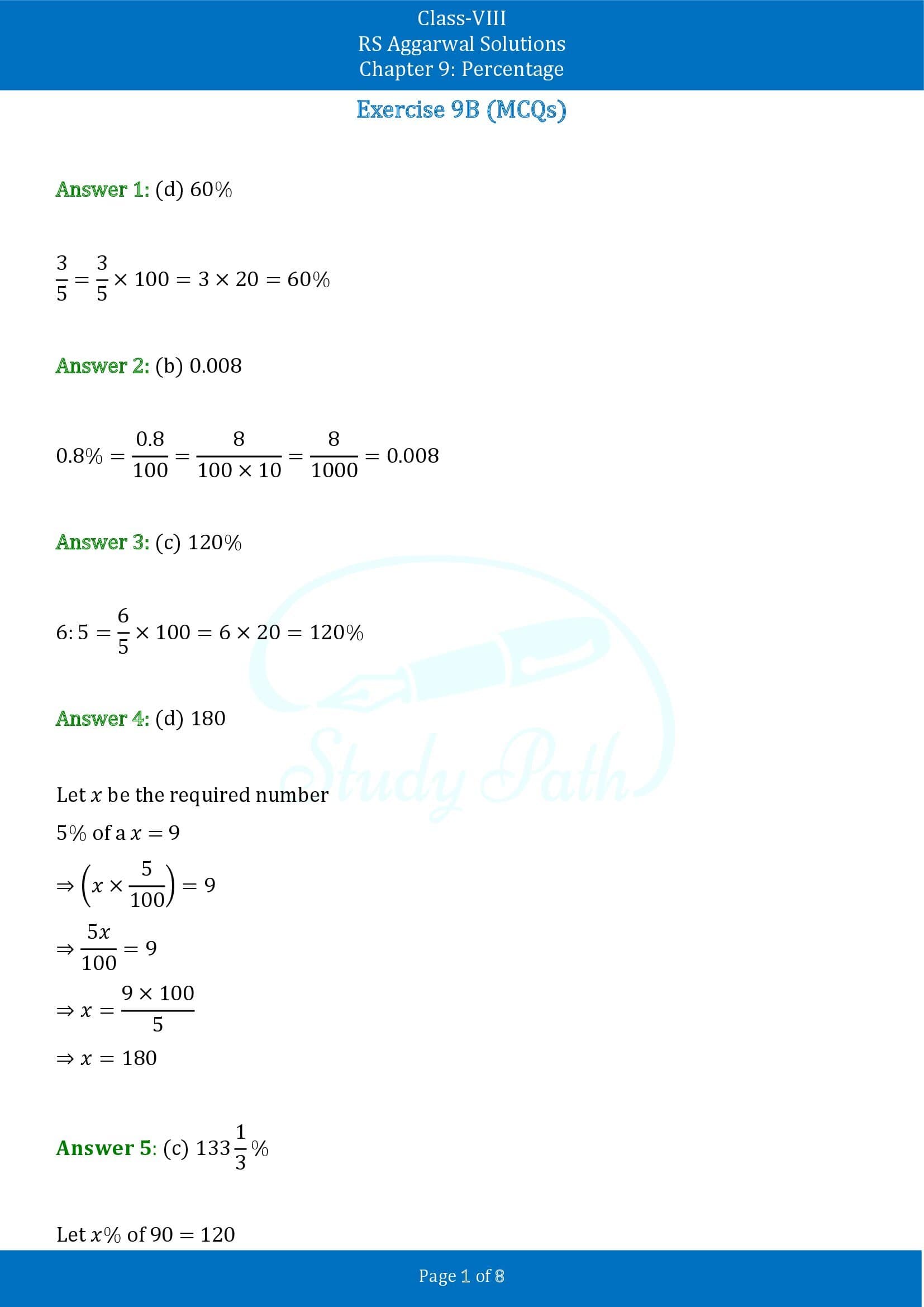 RS Aggarwal Solutions Class 8 Chapter 9 Percentage Exercise 9B MCQs 00001