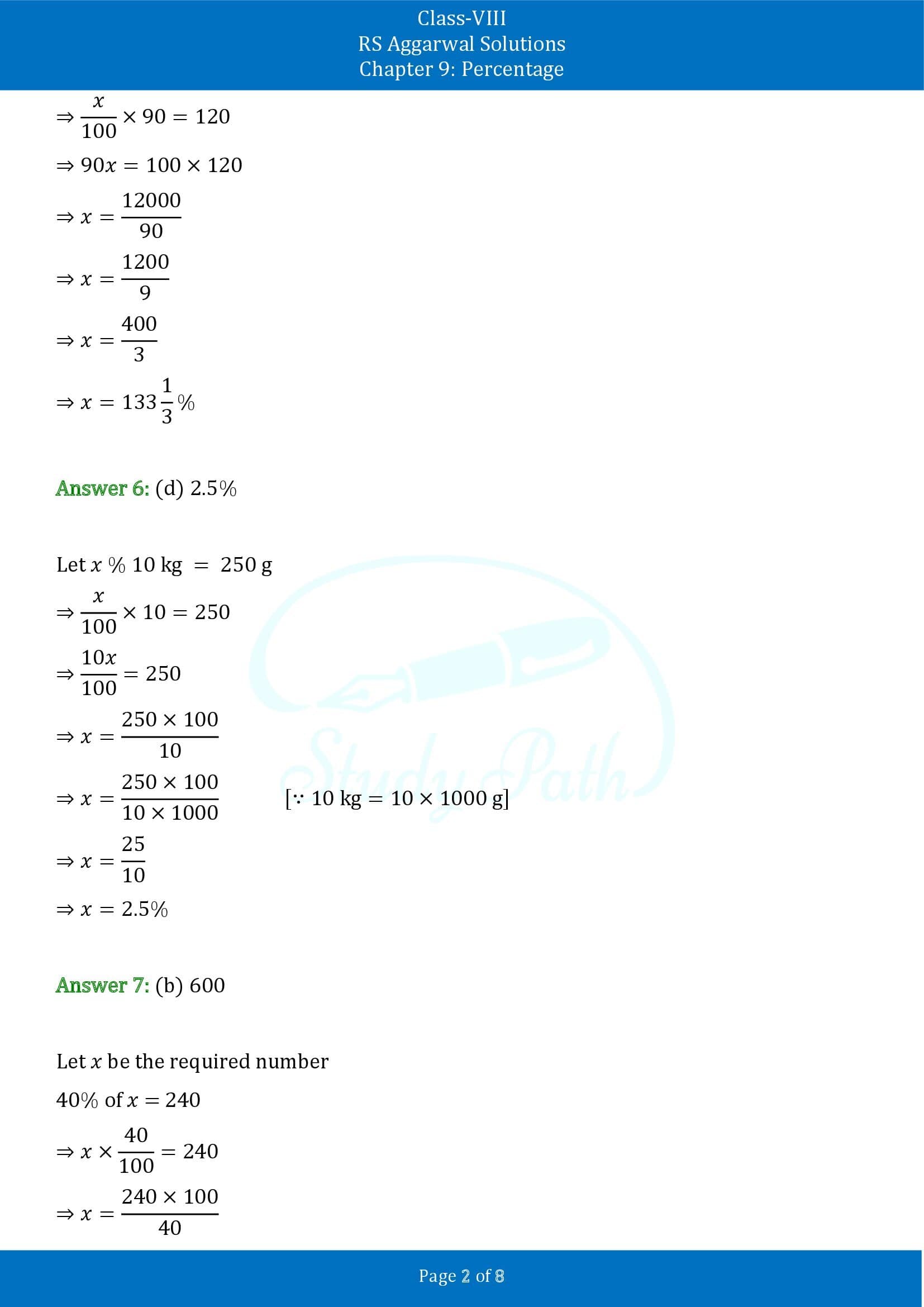 RS Aggarwal Solutions Class 8 Chapter 9 Percentage Exercise 9B MCQs 00002