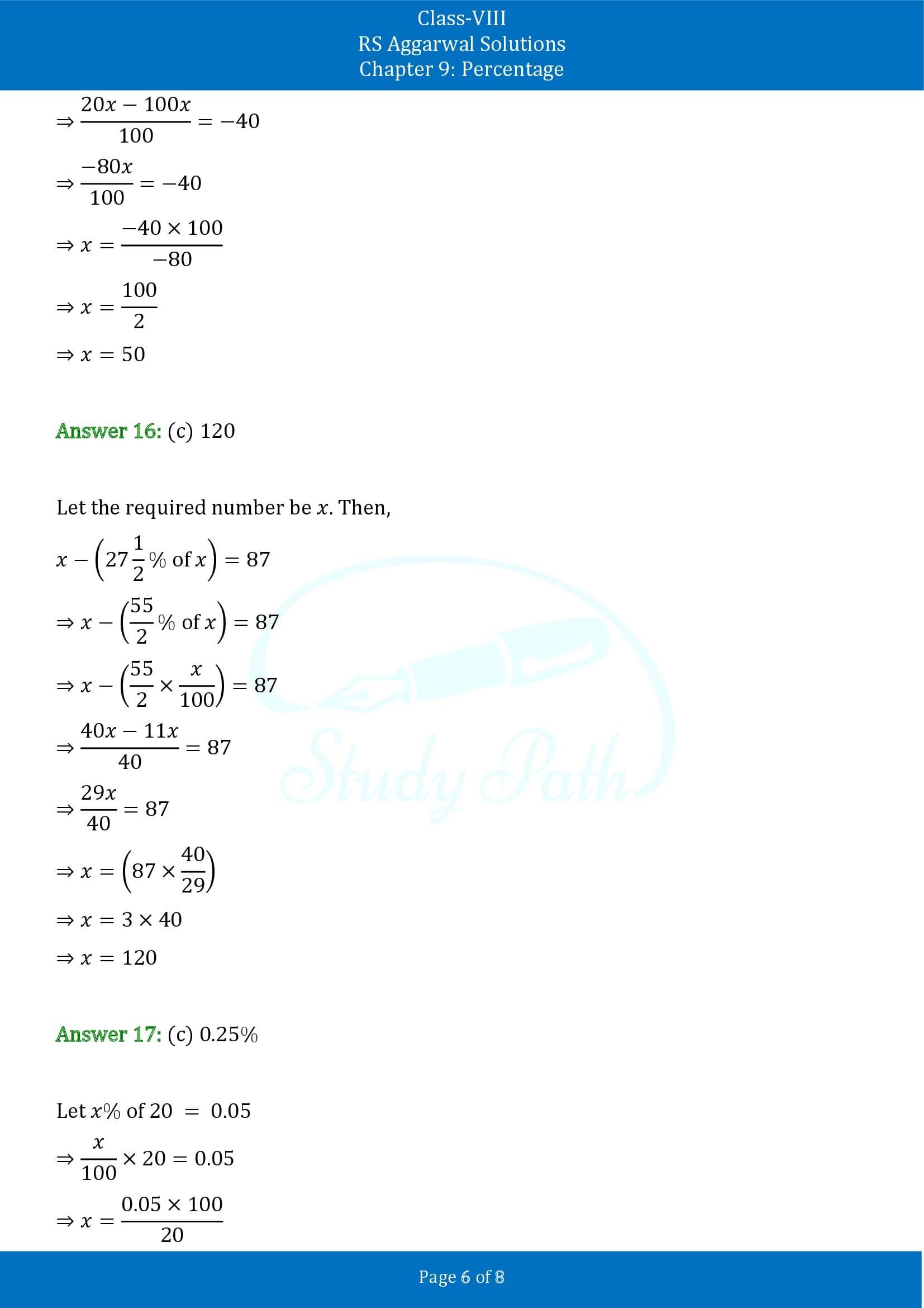 RS Aggarwal Solutions Class 8 Chapter 9 Percentage Exercise 9B MCQs 00006