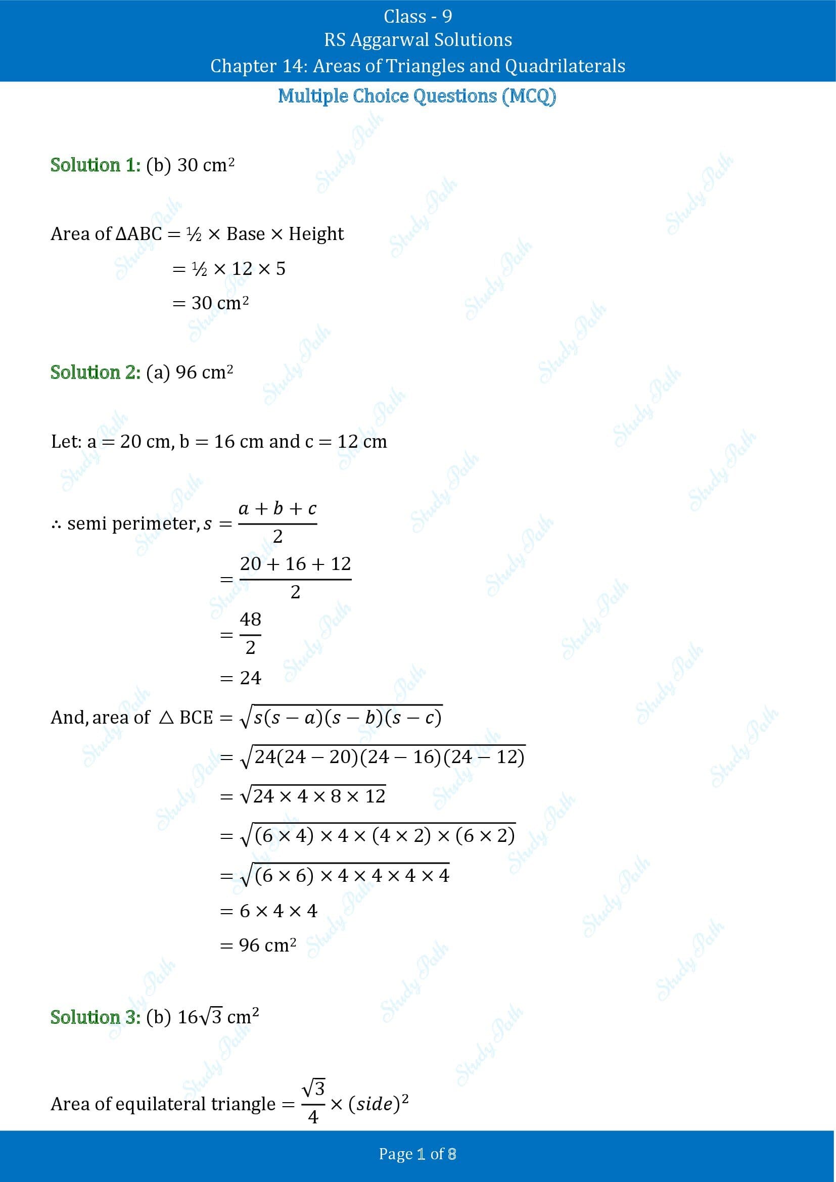 RS Aggarwal Solutions Class 9 Chapter 14 Areas of Triangles and Quadrilaterals Multiple Choice Questions MCQs 00001