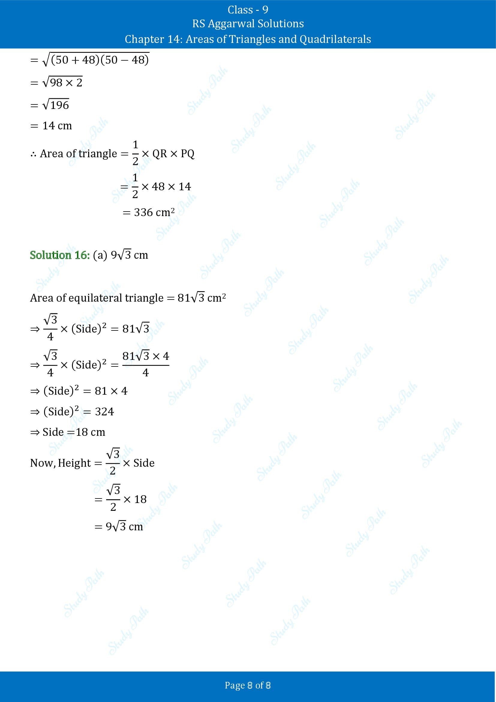 RS Aggarwal Solutions Class 9 Chapter 14 Areas of Triangles and Quadrilaterals Multiple Choice Questions MCQs 00008