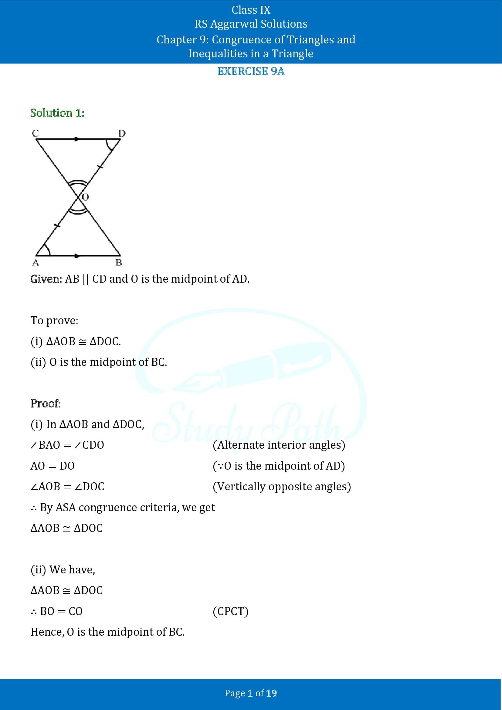 RS Aggarwal Solutions Class 9 Chapter 9 Congruence of Triangles and Inequalities in a Triangle Exercise 9A 00001