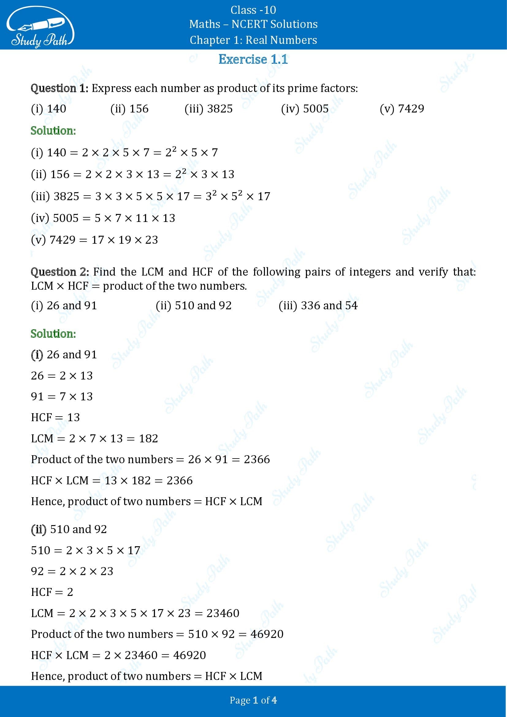 NCERT Solutions for Class 10 Maths Chapter 1 Real Numbers Exercise 1.1 00001