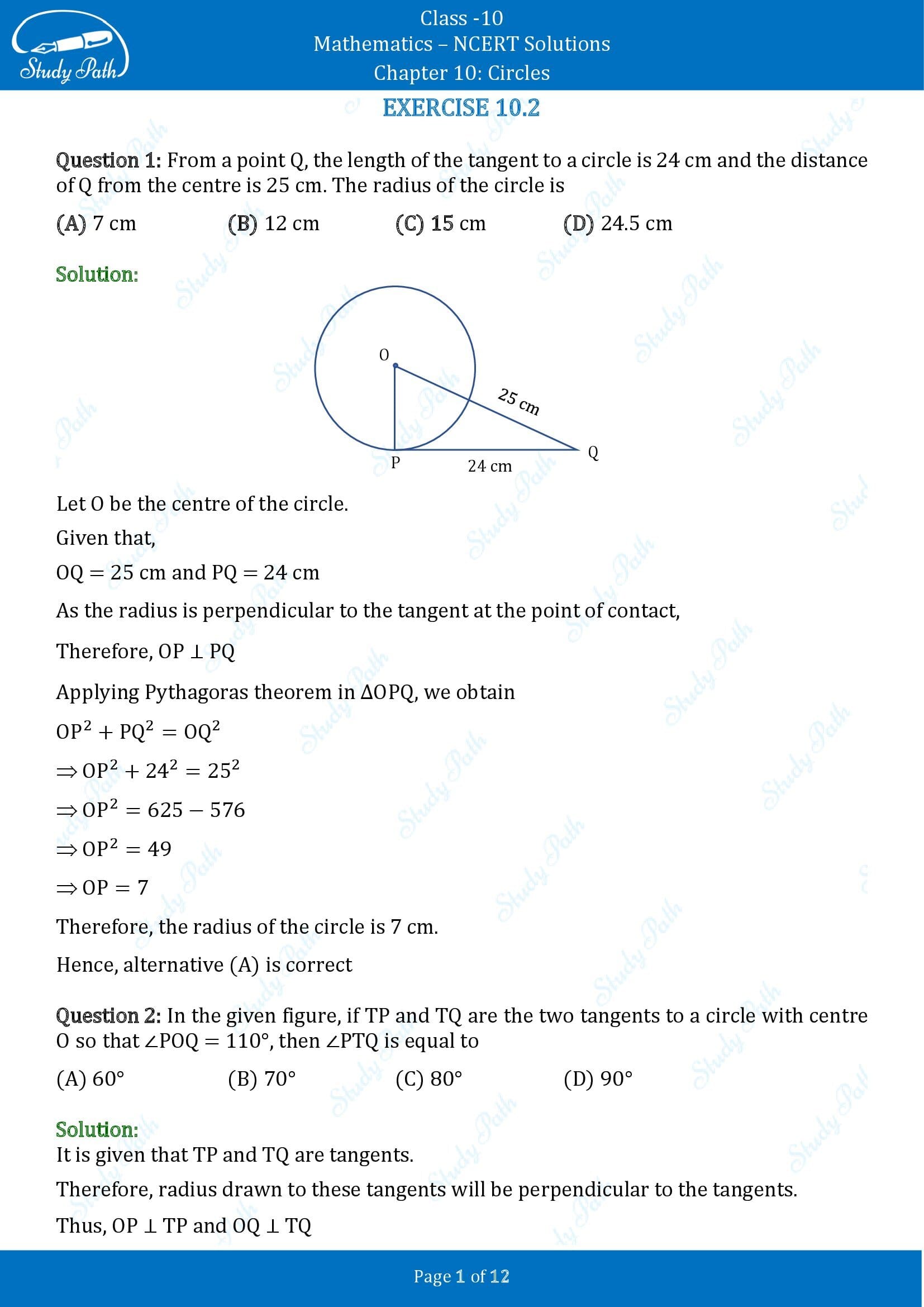 NCERT Solutions for Class 10 Maths Chapter 10 Circles Exercise 10.2 00001