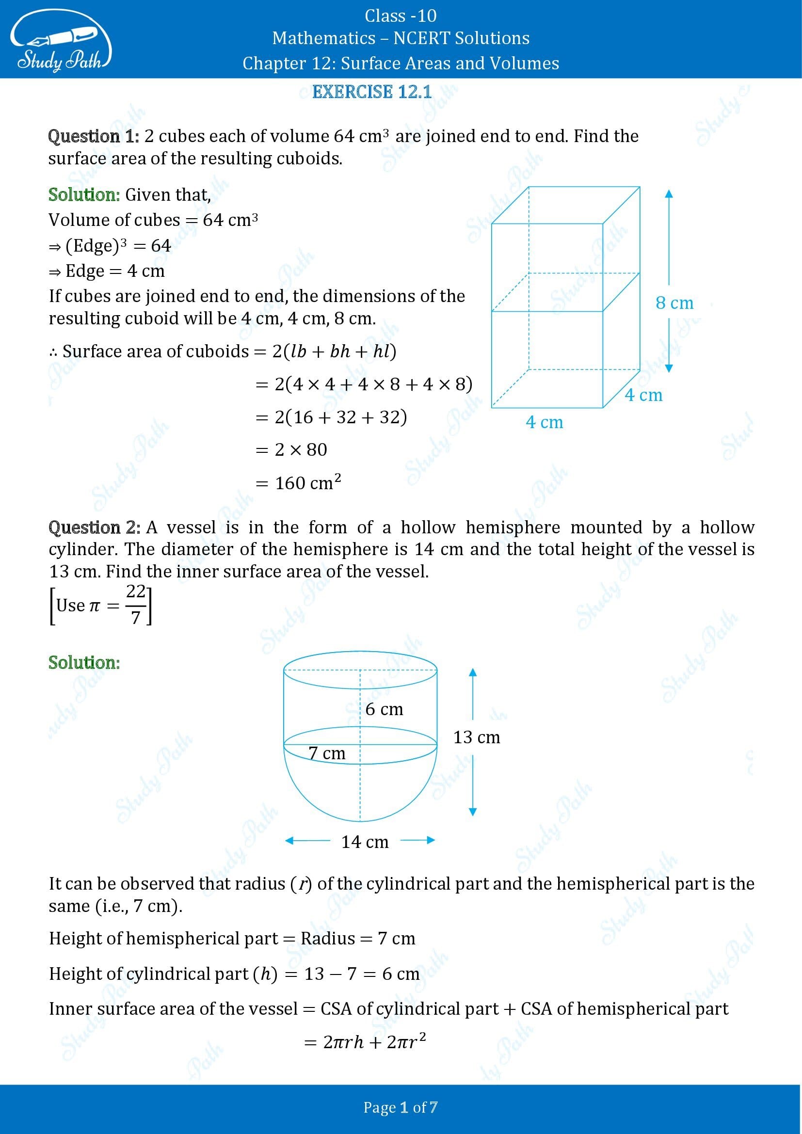 NCERT Solutions for Class 10 Maths Chapter 12 Surface Areas and Volumes Exercise 12.1 00001