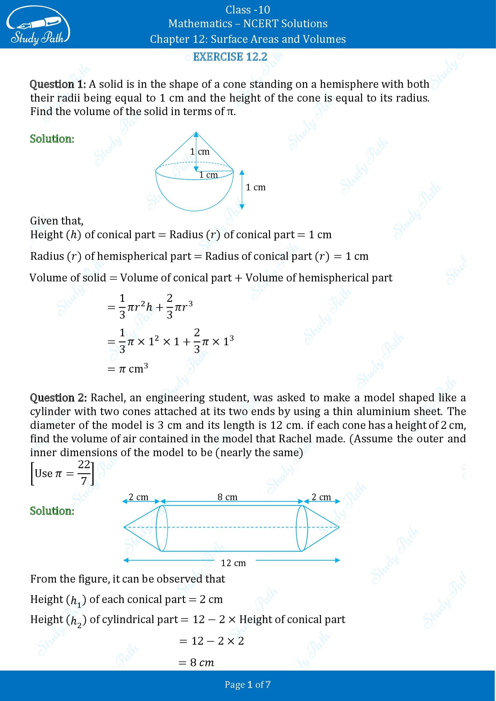 NCERT Solutions for Class 10 Maths Chapter 12 Surface Areas and Volumes Exercise 12.2 00001