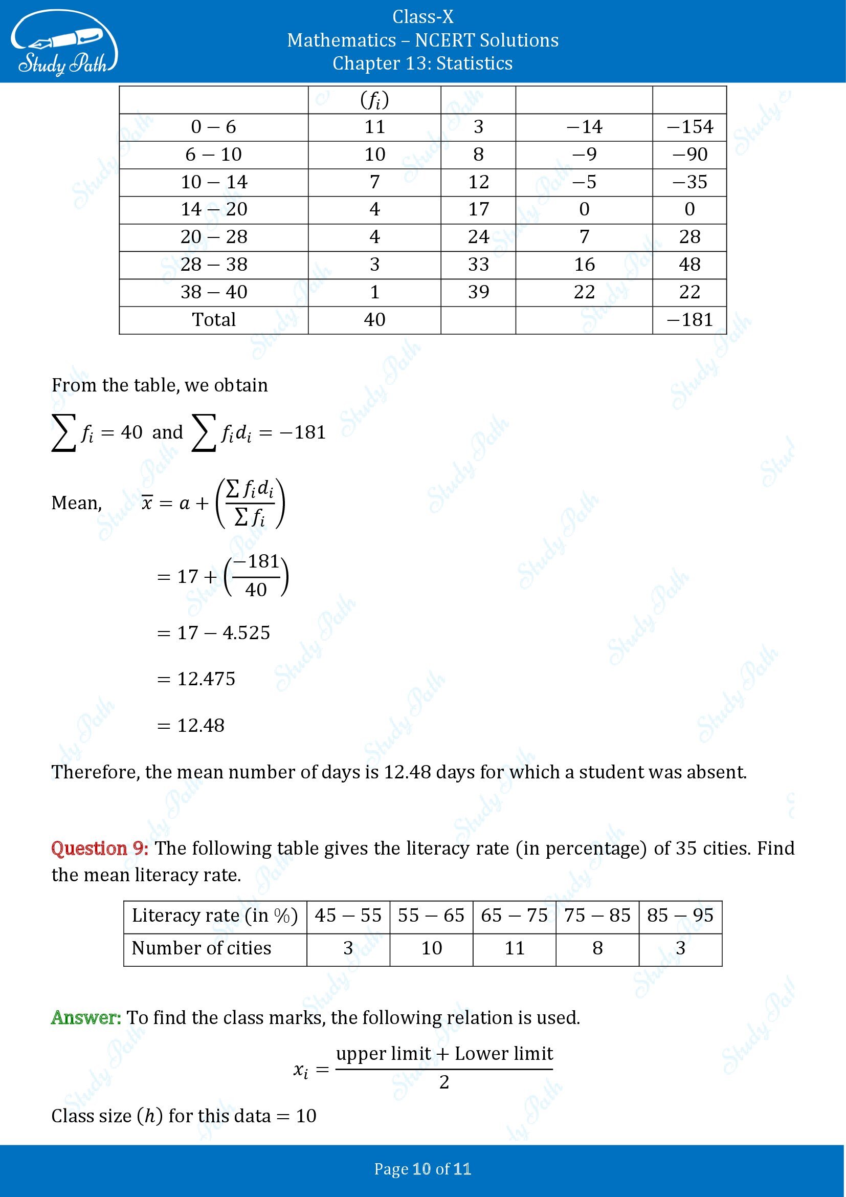 NCERT Solutions for Class 10 Maths Chapter 13 Statistics Exercise 13.1 00010