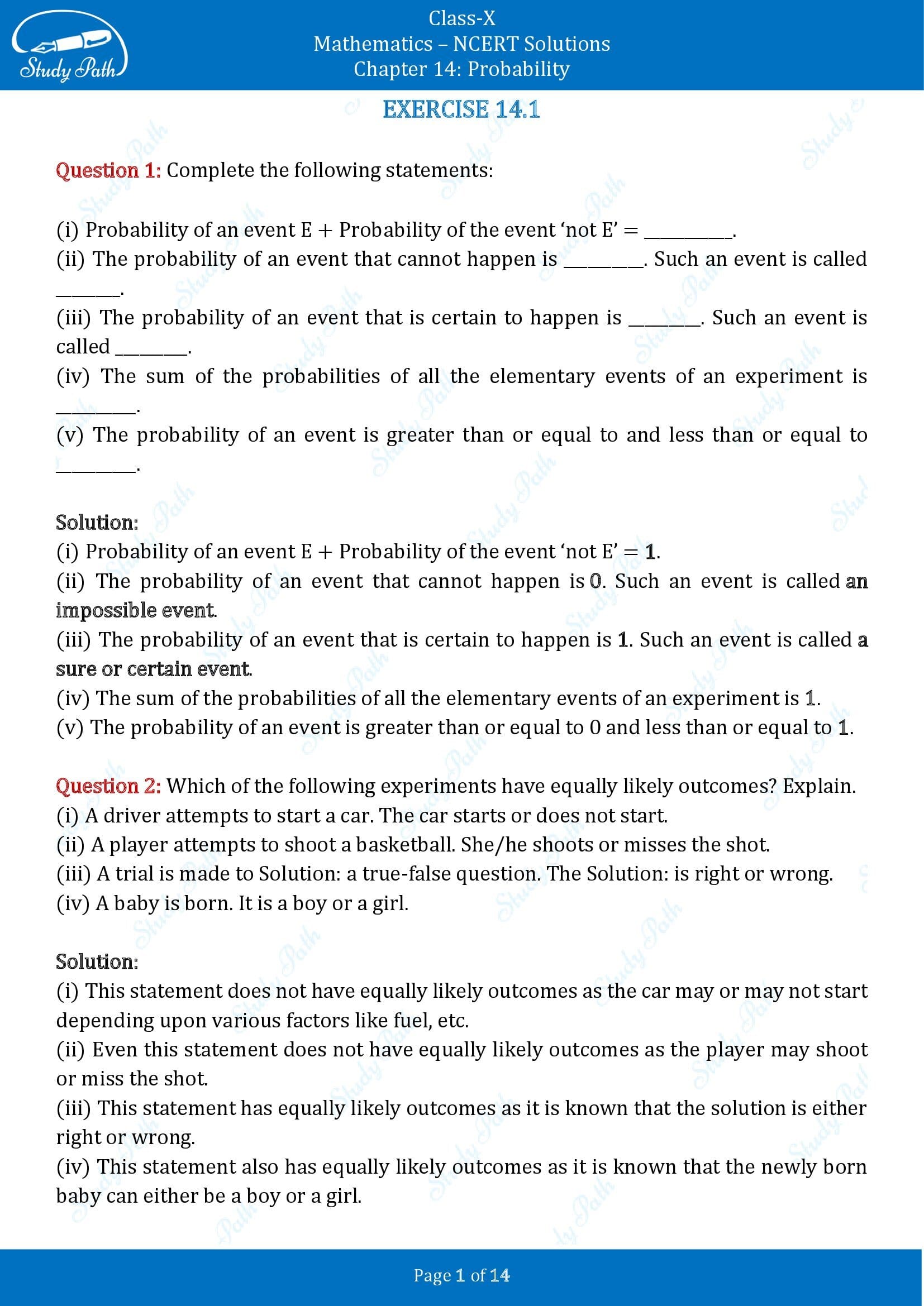 NCERT Solutions for Class 10 Maths Chapter 14 Probability Exercise 14.1 00001