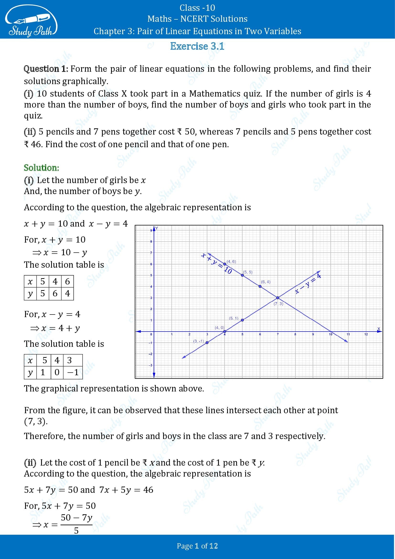 NCERT Solutions for Class 10 Maths Chapter 3 Pair of Linear Equations in Two Variables Exercise 3.1 00001