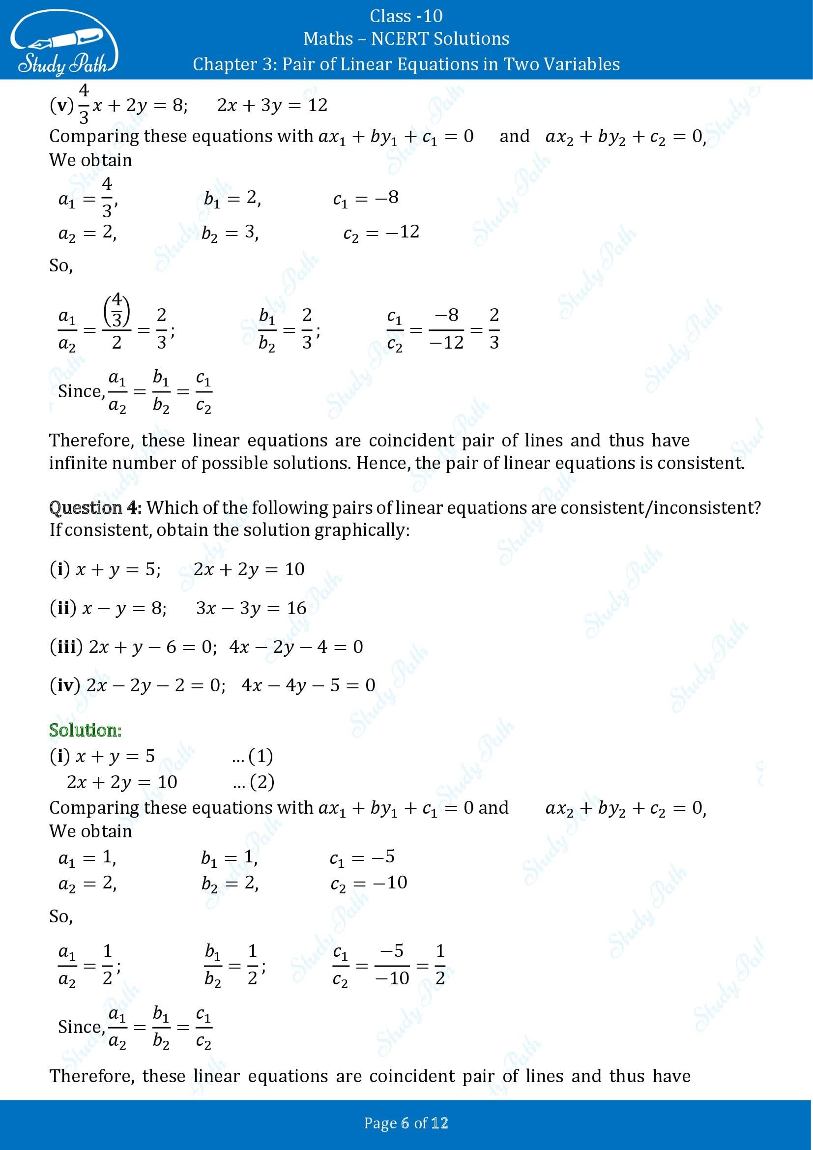 NCERT Solutions for Class 10 Maths Chapter 3 Pair of Linear Equations in Two Variables Exercise 3.1 00006