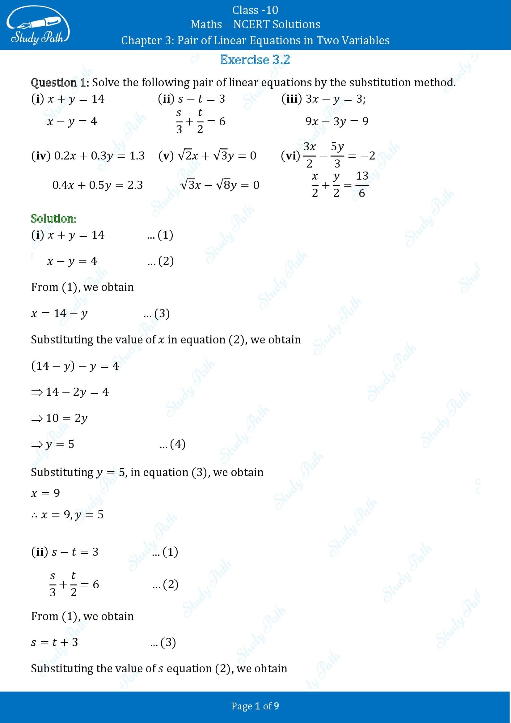 NCERT Solutions for Class 10 Maths Chapter 3 Pair of Linear Equations in Two Variables Exercise 3.2 00001