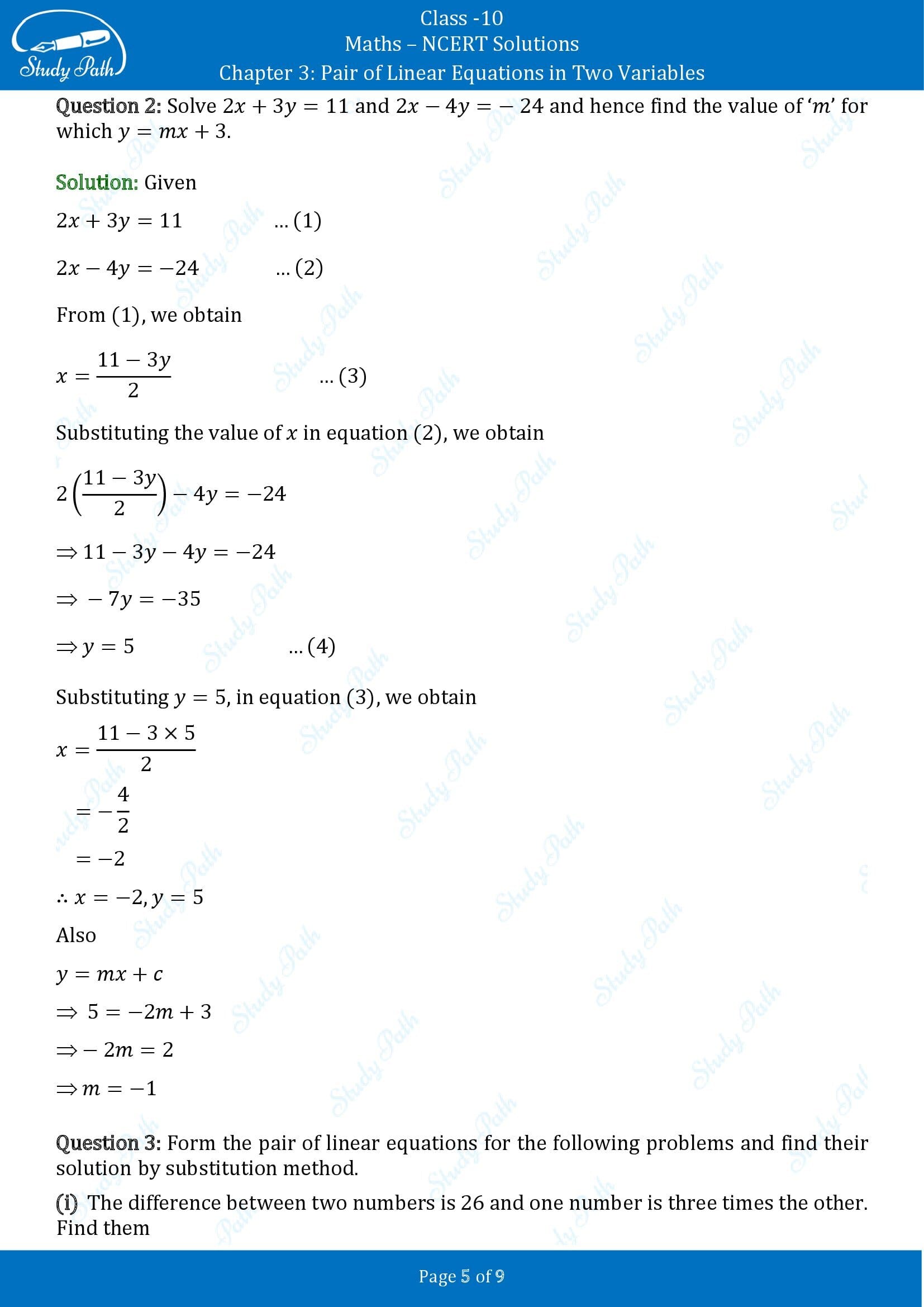 NCERT Solutions for Class 10 Maths Chapter 3 Pair of Linear Equations in Two Variables Exercise 3.2 00005