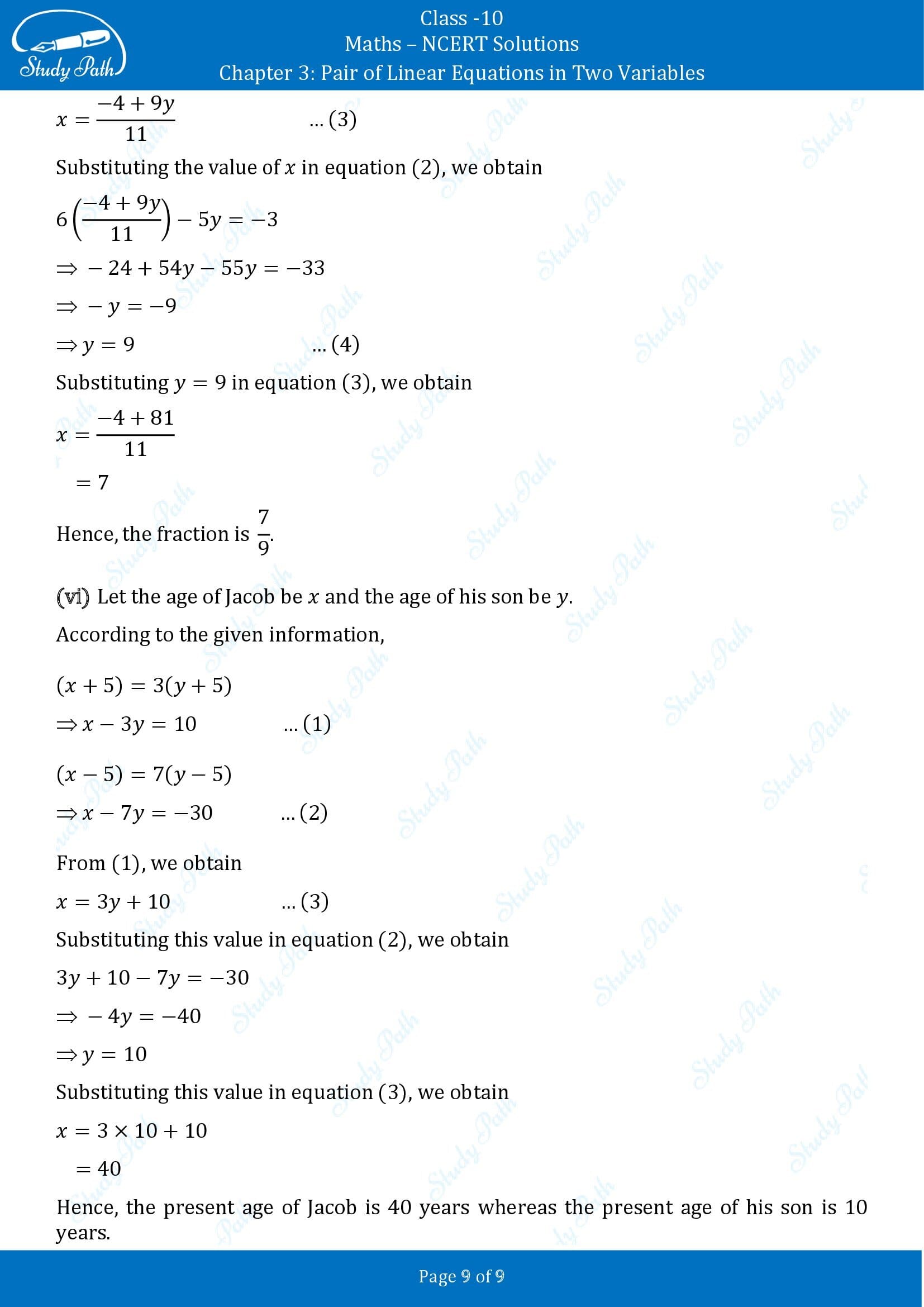 NCERT Solutions for Class 10 Maths Chapter 3 Pair of Linear Equations in Two Variables Exercise 3.2 00009