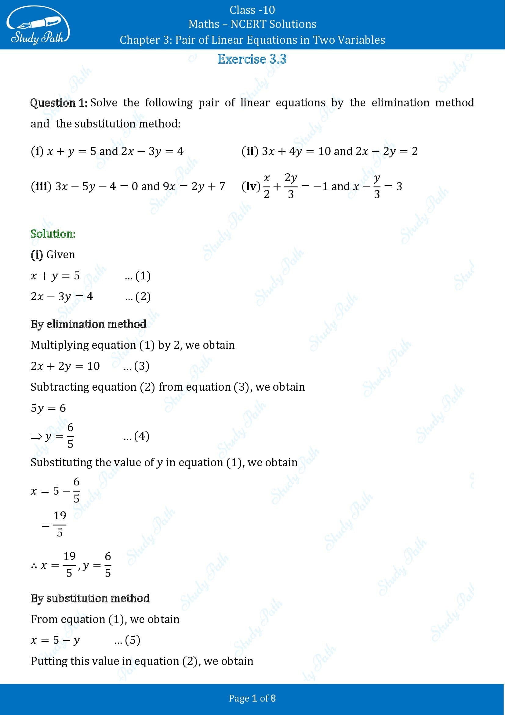 NCERT Solutions for Class 10 Maths Chapter 3 Pair of Linear Equations in Two Variables Exercise 3.3 00001