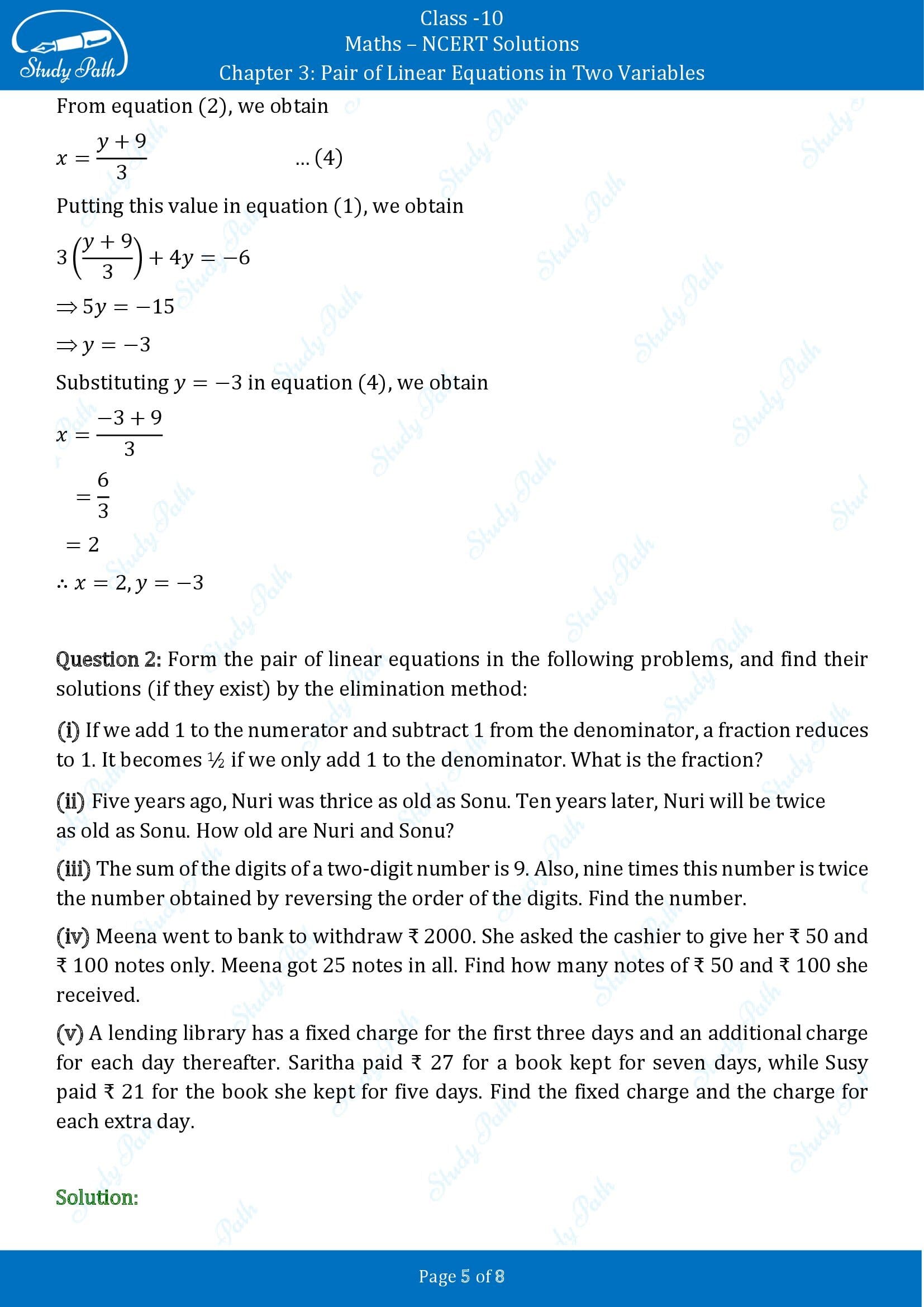 NCERT Solutions for Class 10 Maths Chapter 3 Pair of Linear Equations in Two Variables Exercise 3.3 00005