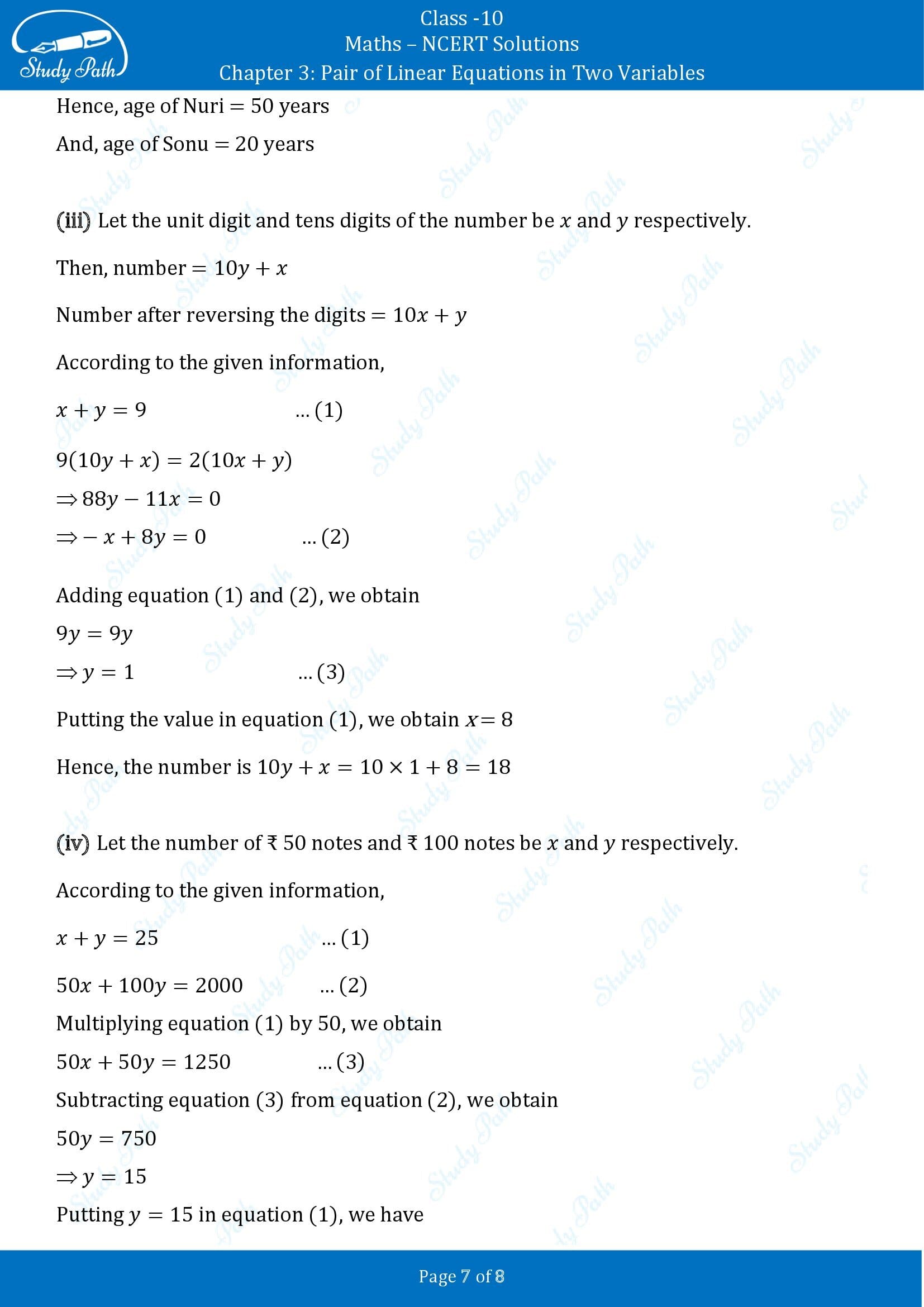 NCERT Solutions for Class 10 Maths Chapter 3 Pair of Linear Equations in Two Variables Exercise 3.3 00007