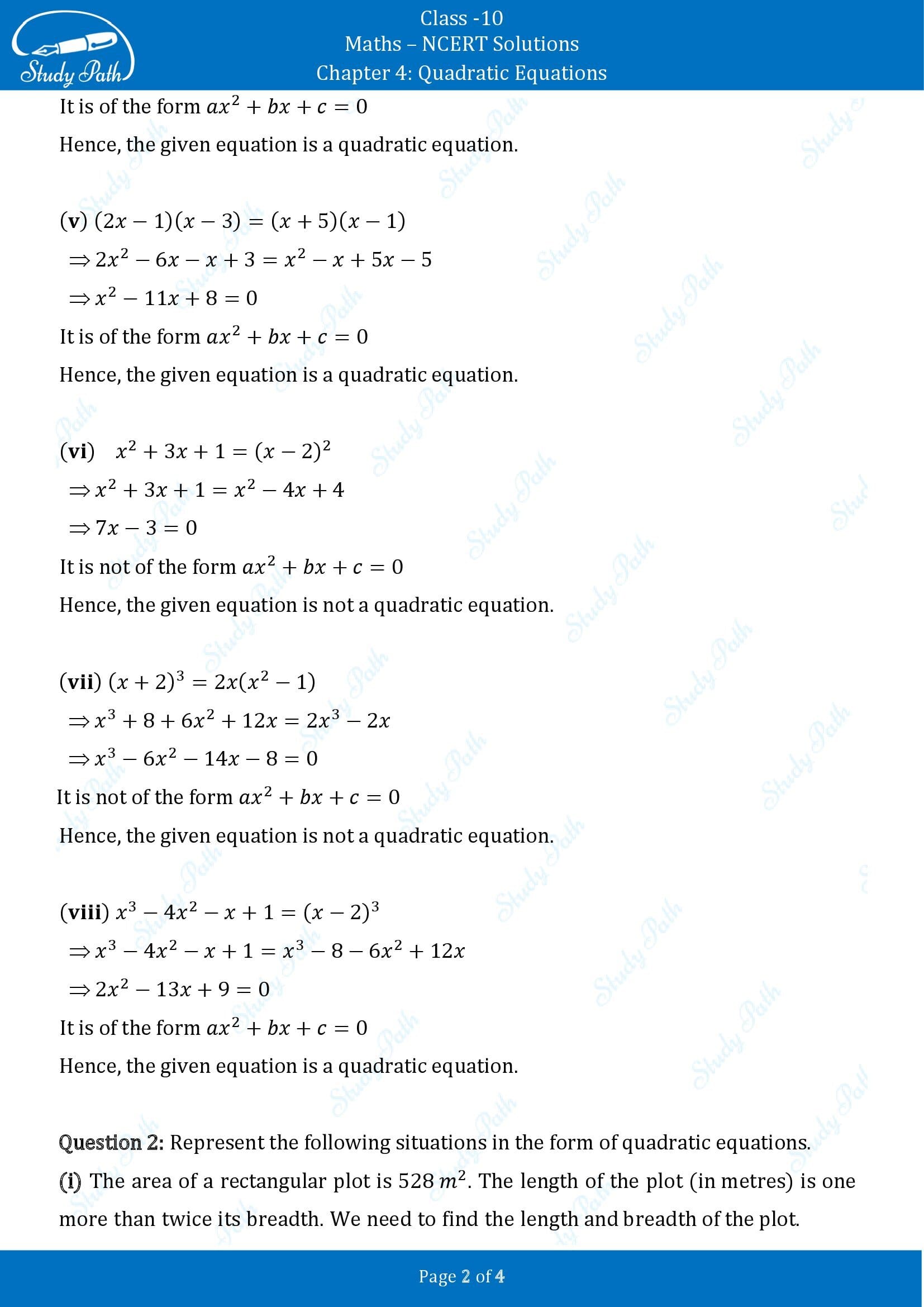 NCERT Solutions for Class 10 Maths Chapter 4 Quadratic Equations Exercise 4.1 00002