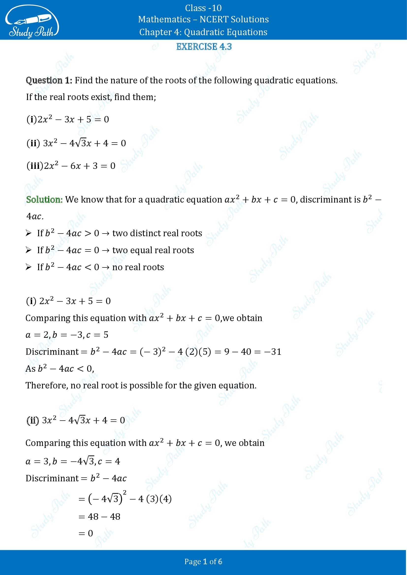 NCERT Solutions for Class 10 Maths Chapter 4 Quadratic Equations Exercise 4.3 00001