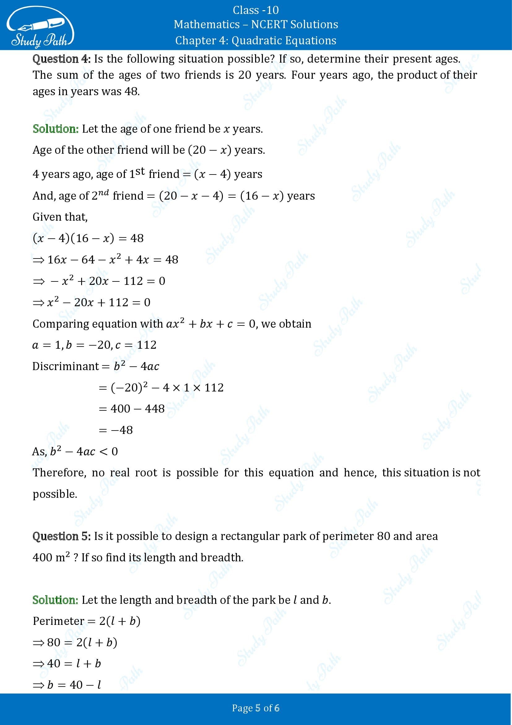 NCERT Solutions for Class 10 Maths Chapter 4 Quadratic Equations Exercise 4.3 00005