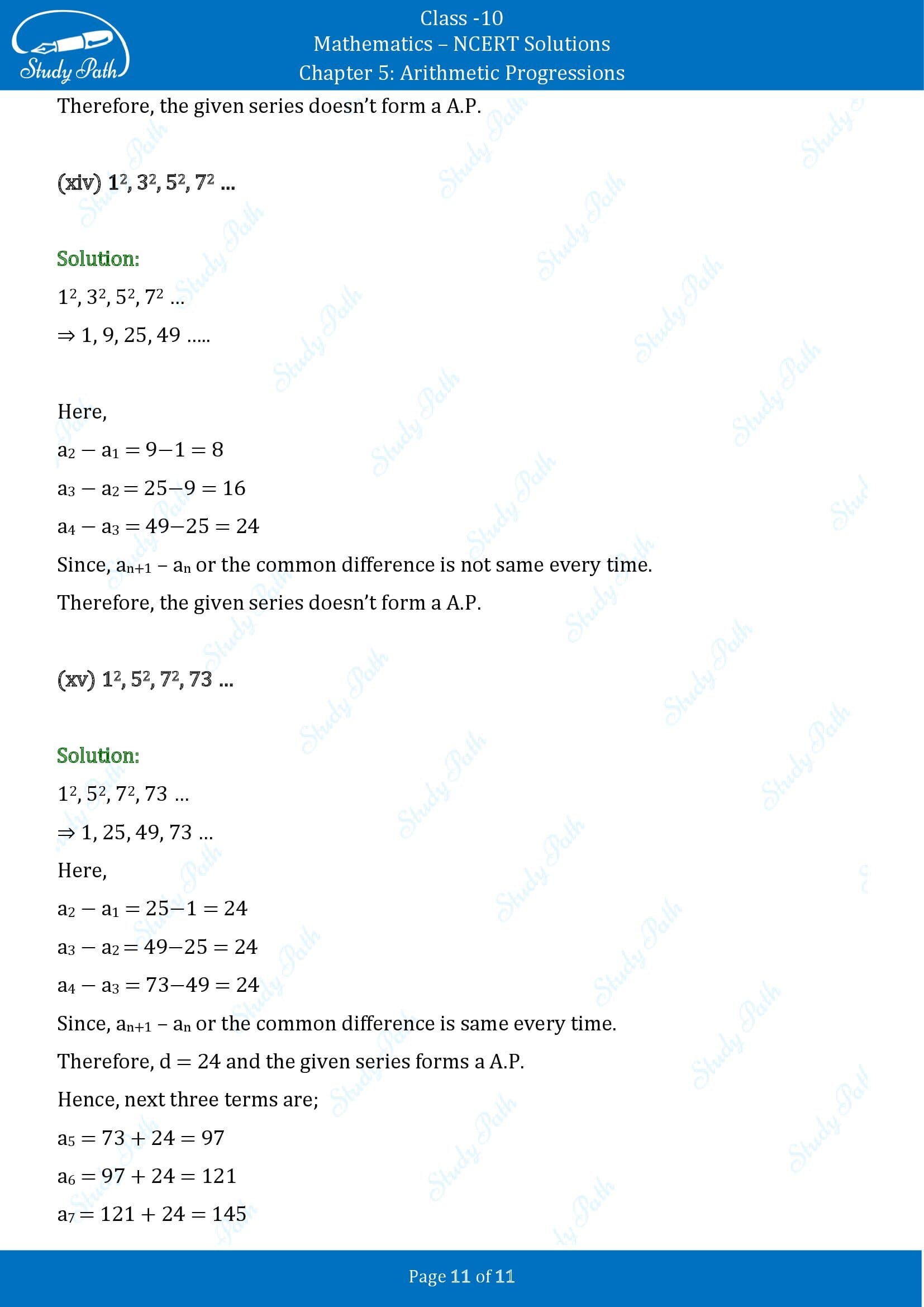 NCERT Solutions for Class 10 Maths Chapter 5 Arithmetic Progressions Exercise 5.1 00011