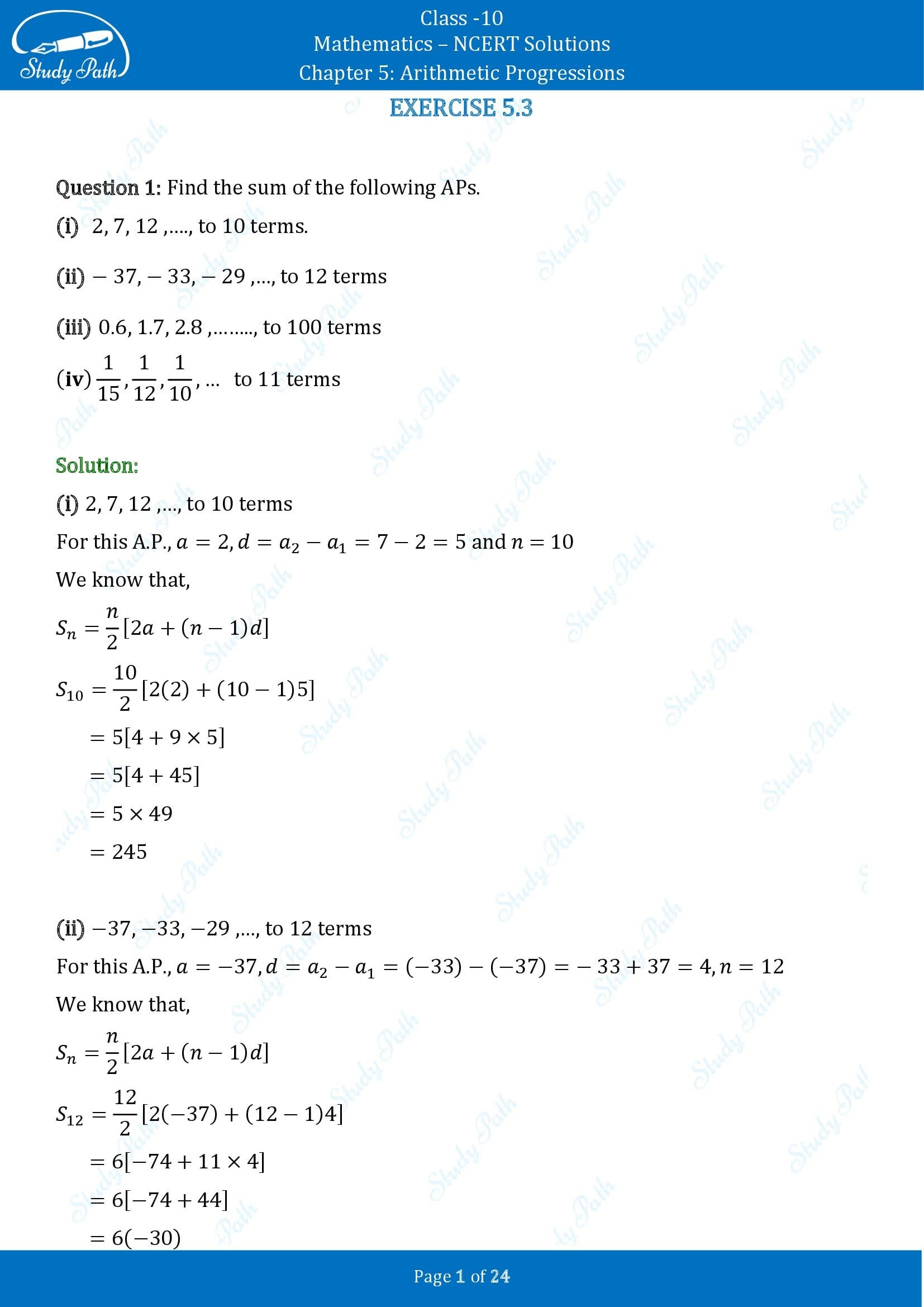 NCERT Solutions for Class 10 Maths Chapter 5 Arithmetic Progressions Exercise 5.3 00001