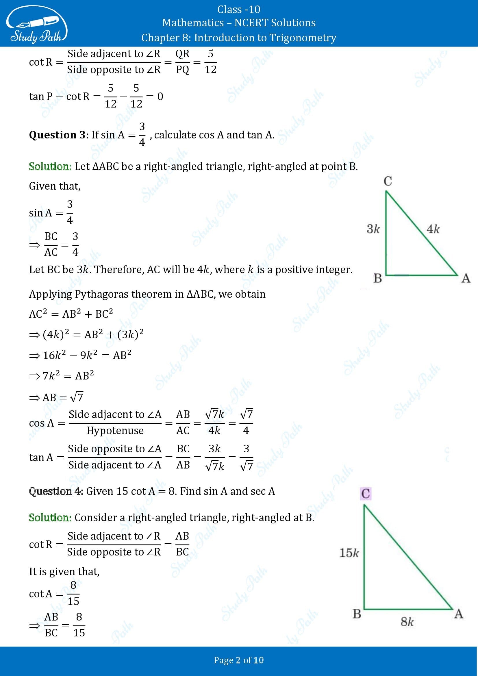 NCERT Solutions for Class 10 Maths Chapter 8 Introduction to Trigonometry Exercise 8.1 00002