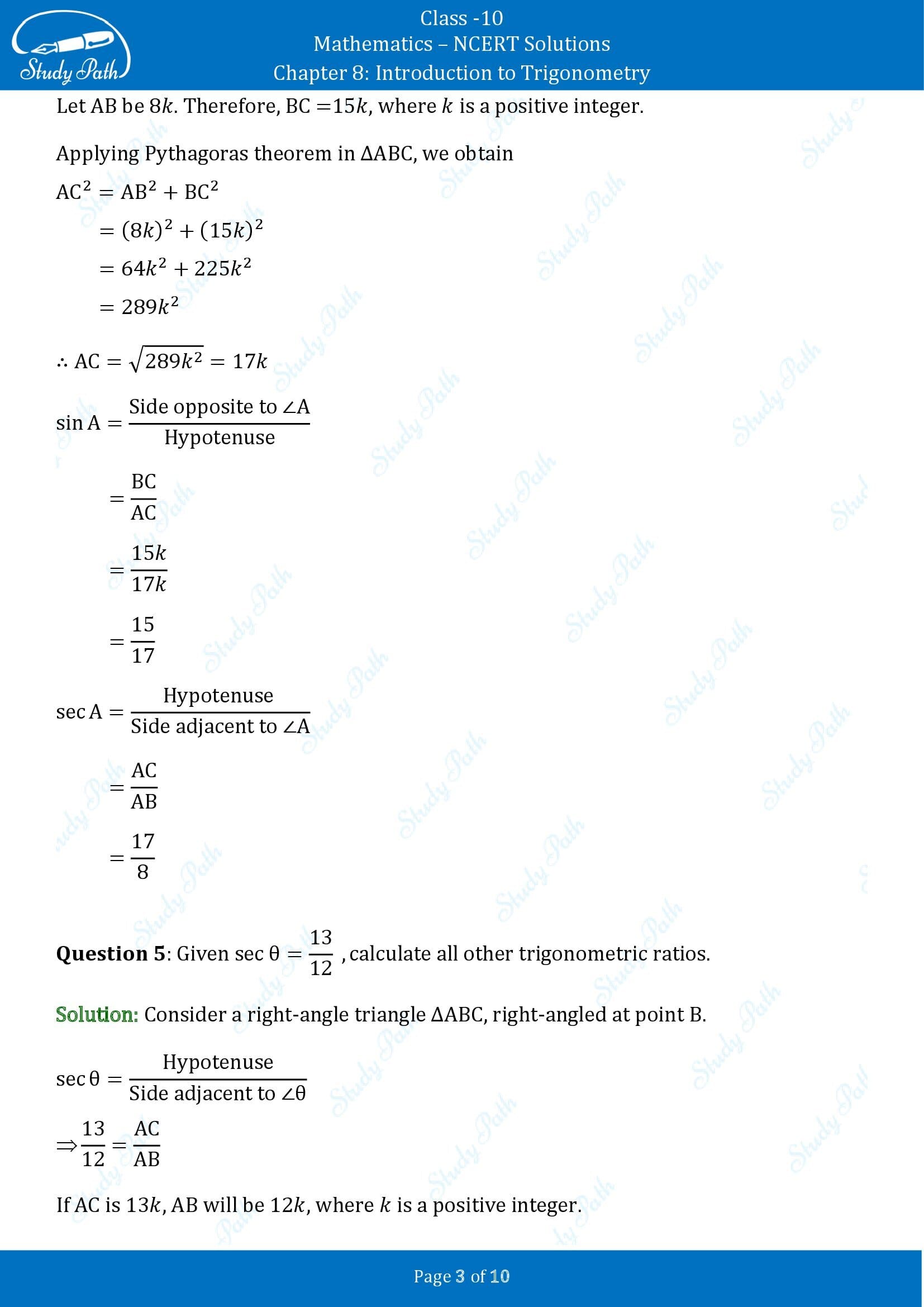 NCERT Solutions for Class 10 Maths Chapter 8 Introduction to Trigonometry Exercise 8.1 00003