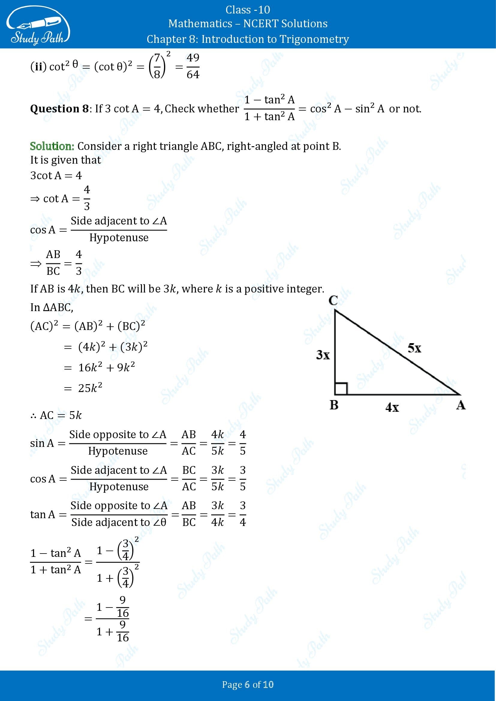 NCERT Solutions for Class 10 Maths Chapter 8 Introduction to Trigonometry Exercise 8.1 00006