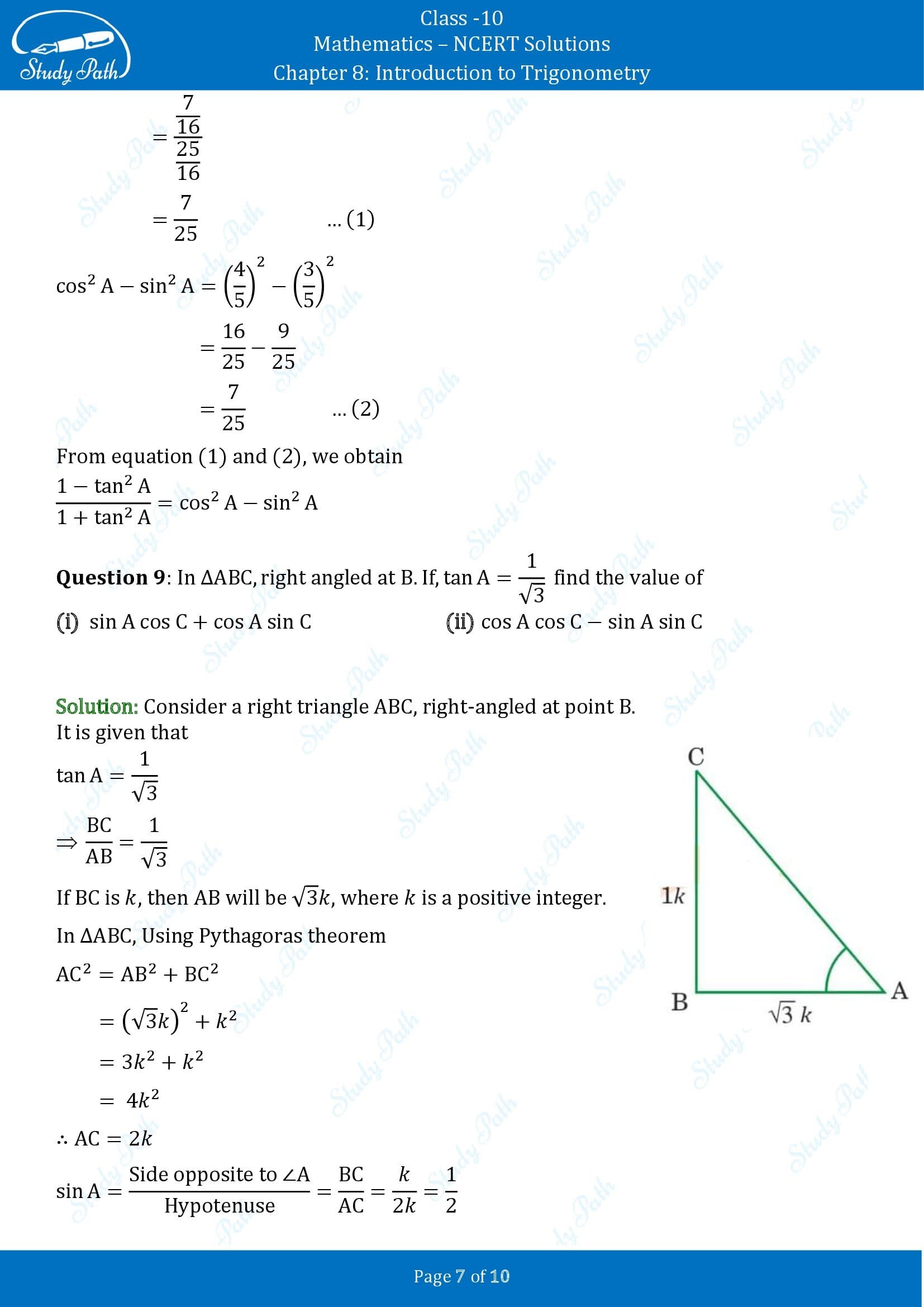 NCERT Solutions for Class 10 Maths Chapter 8 Introduction to Trigonometry Exercise 8.1 00007