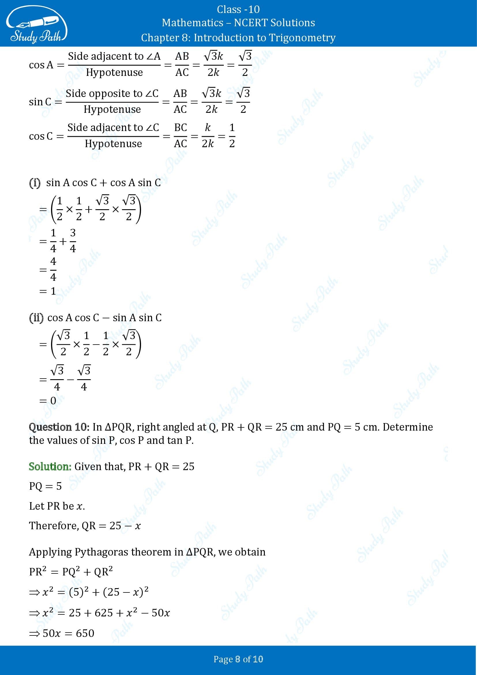 NCERT Solutions for Class 10 Maths Chapter 8 Introduction to Trigonometry Exercise 8.1 00008