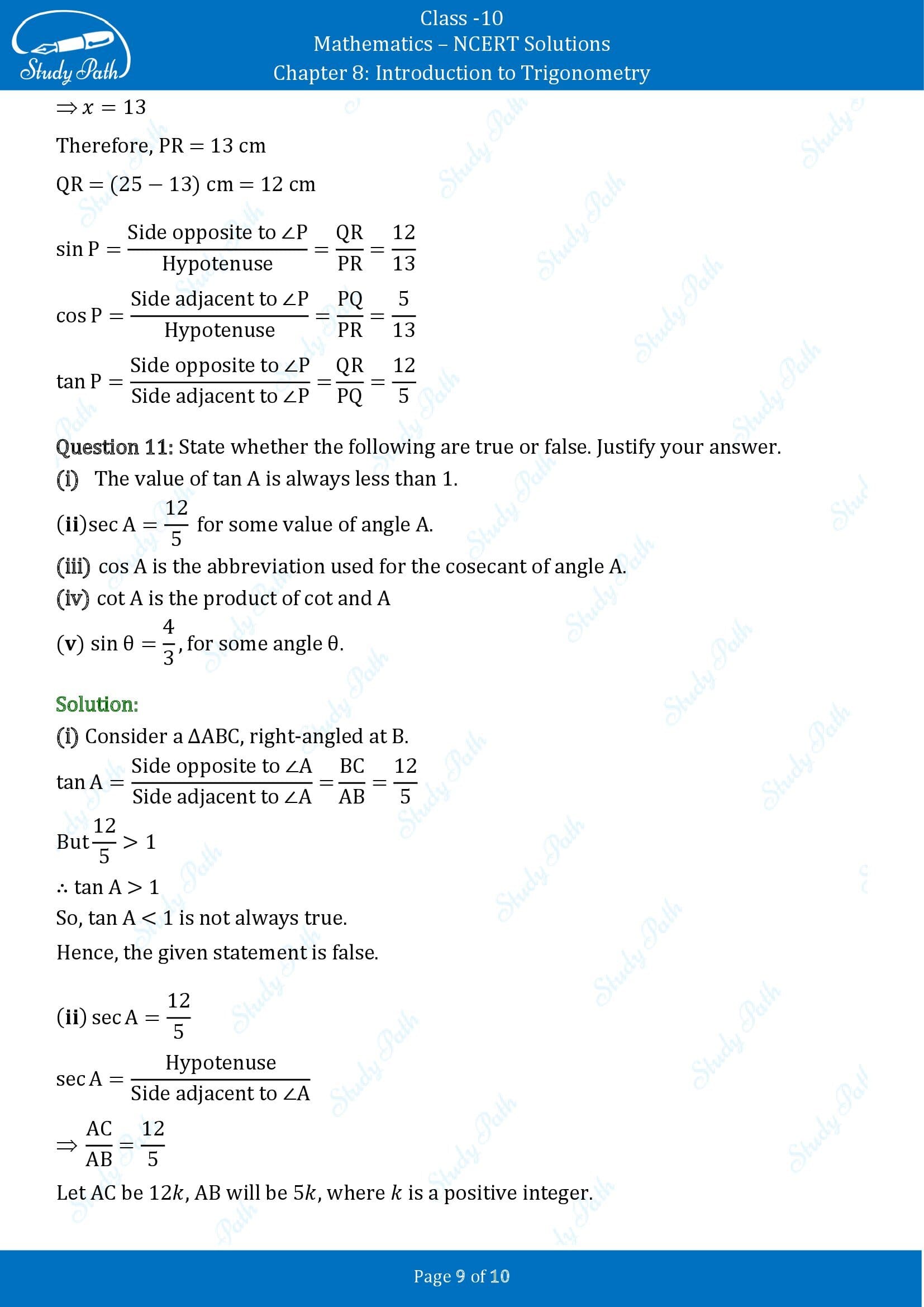 NCERT Solutions for Class 10 Maths Chapter 8 Introduction to Trigonometry Exercise 8.1 00009