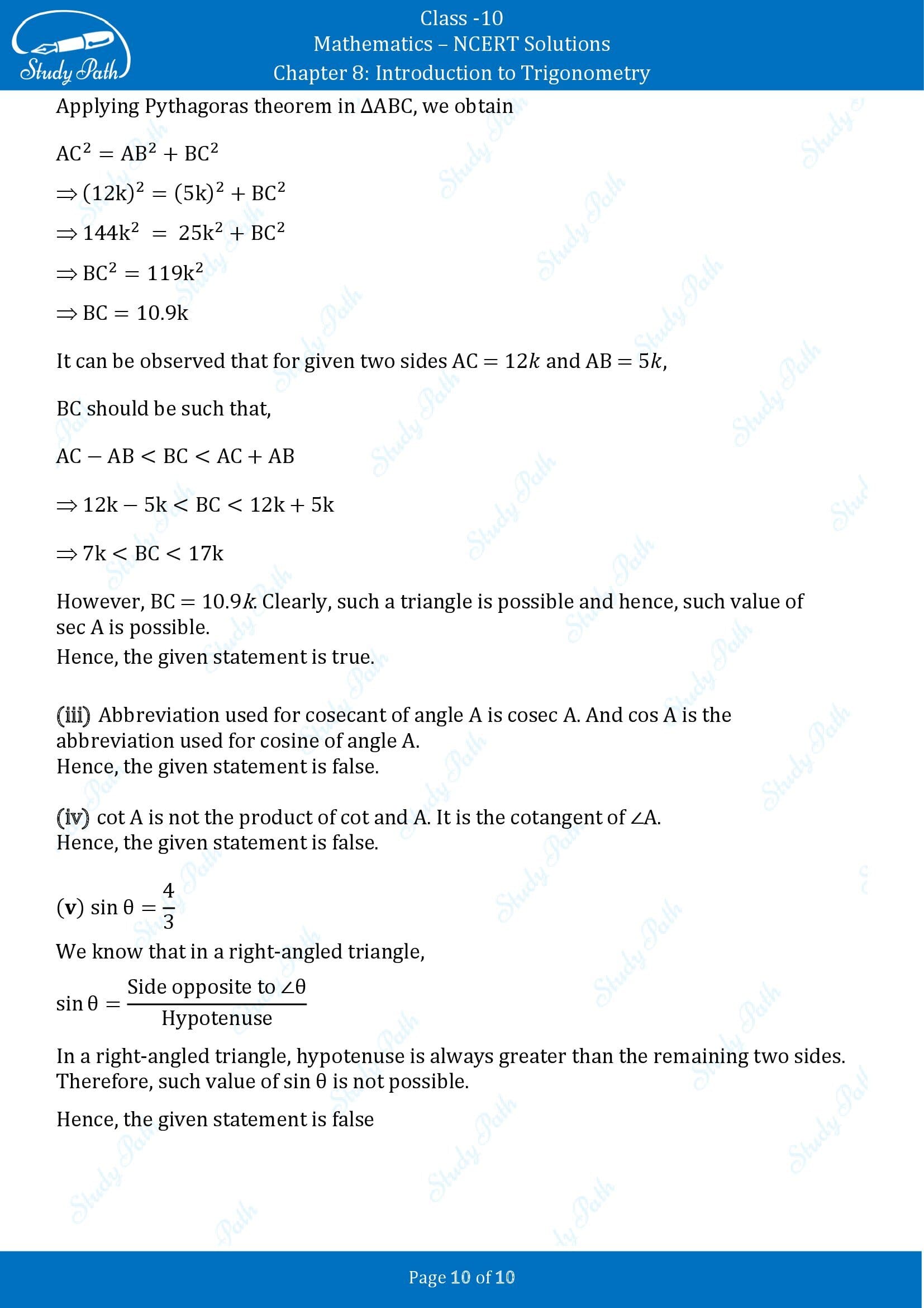 NCERT Solutions for Class 10 Maths Chapter 8 Introduction to Trigonometry Exercise 8.1 00010