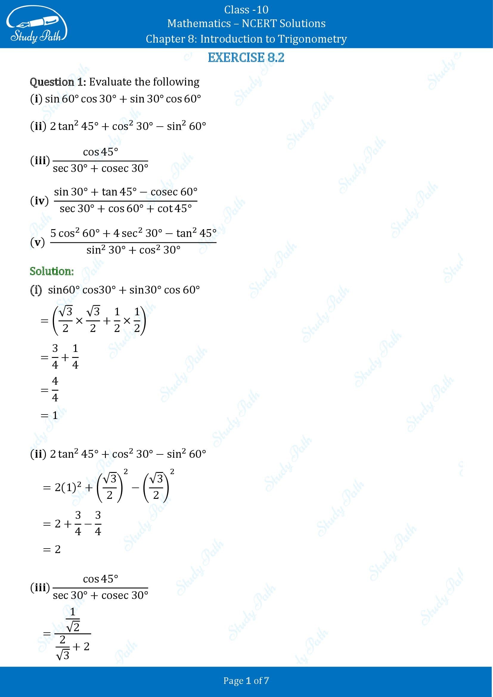 NCERT Solutions for Class 10 Maths Chapter 8 Introduction to Trigonometry Exercise 8.2 00001