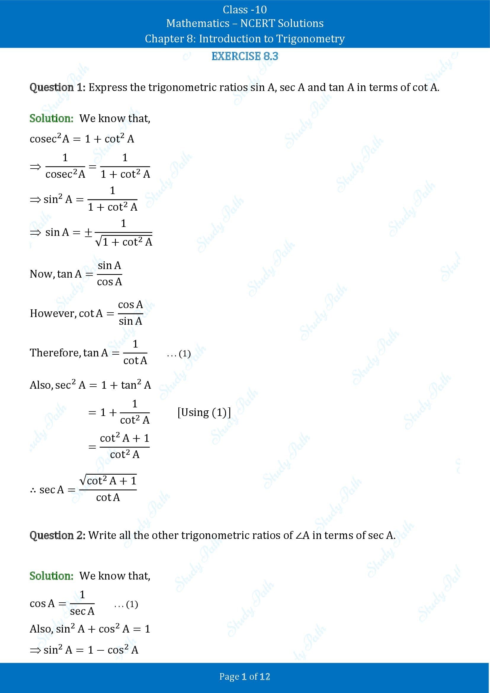 NCERT Solutions for Class 10 Maths Chapter 8 Introduction to Trigonometry Exercise 8.3 00001