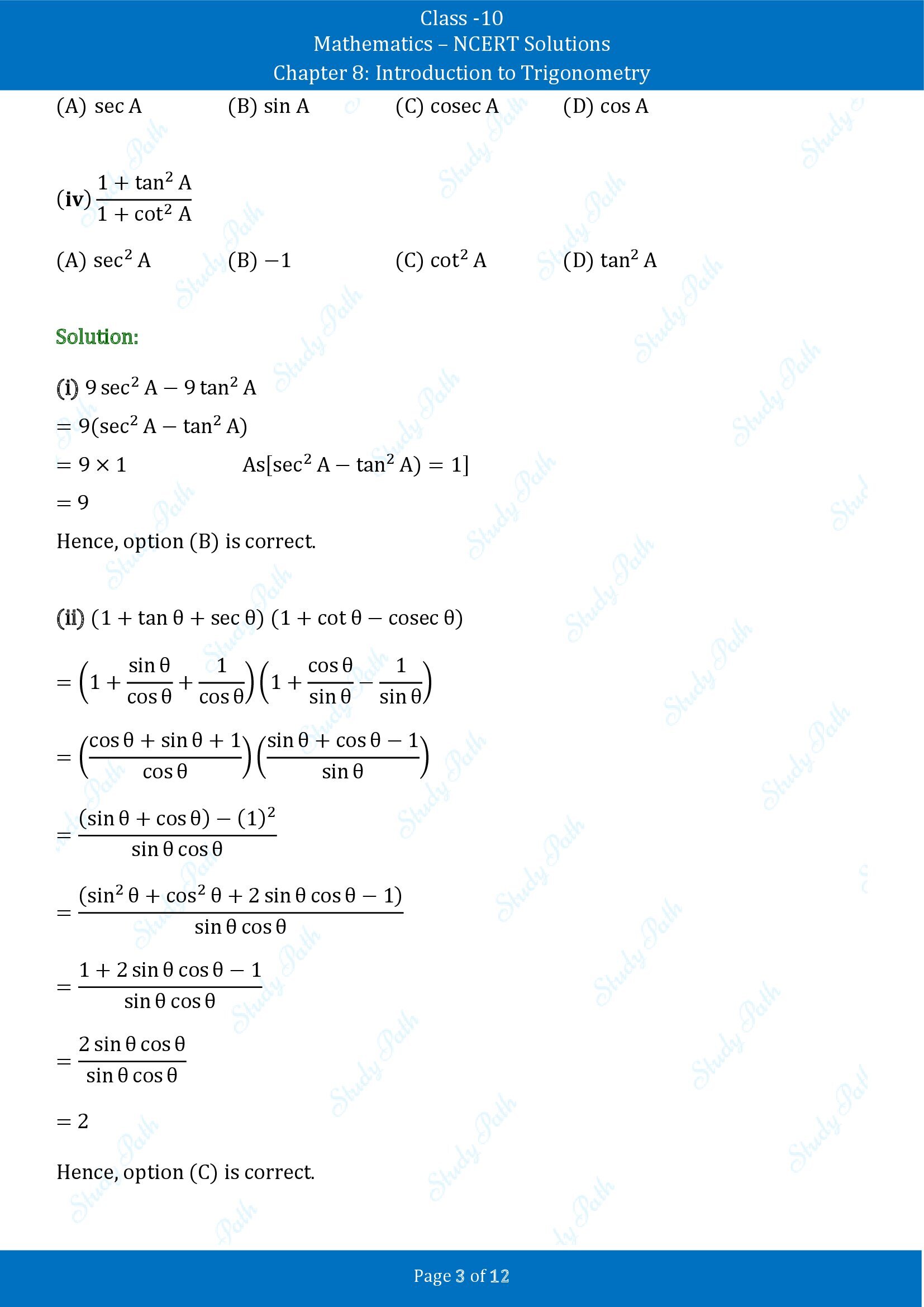 NCERT Solutions for Class 10 Maths Chapter 8 Introduction to Trigonometry Exercise 8.3 00003