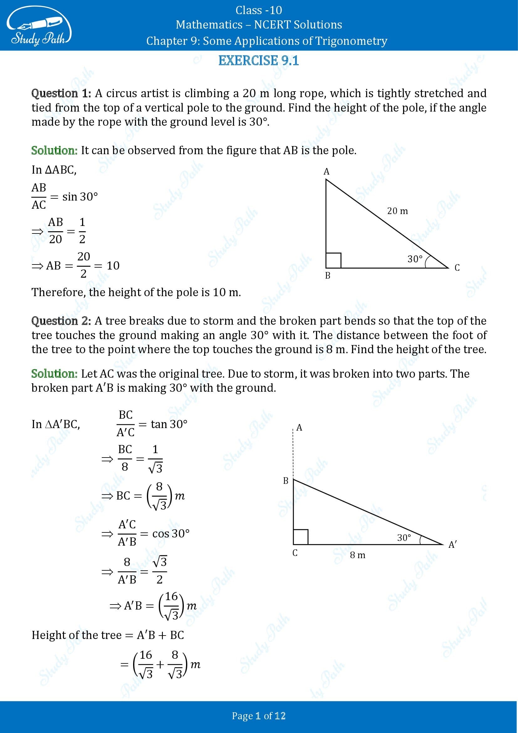 NCERT Solutions for Class 10 Maths Chapter 9 Some Applications of Trigonometry Exercise 9.1 00001