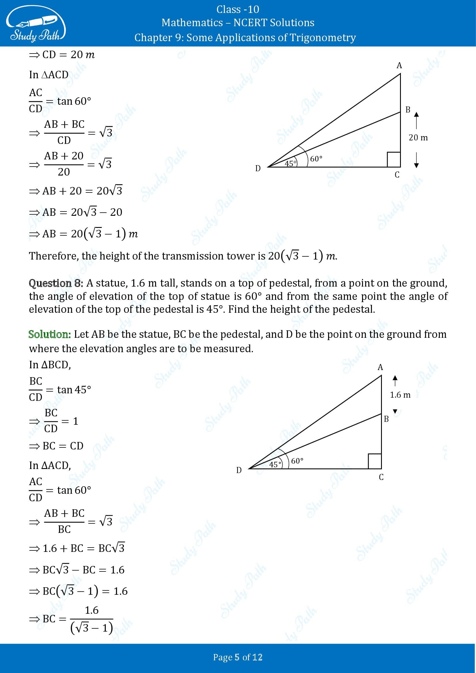 NCERT Solutions for Class 10 Maths Chapter 9 Some Applications of Trigonometry Exercise 9.1 00005