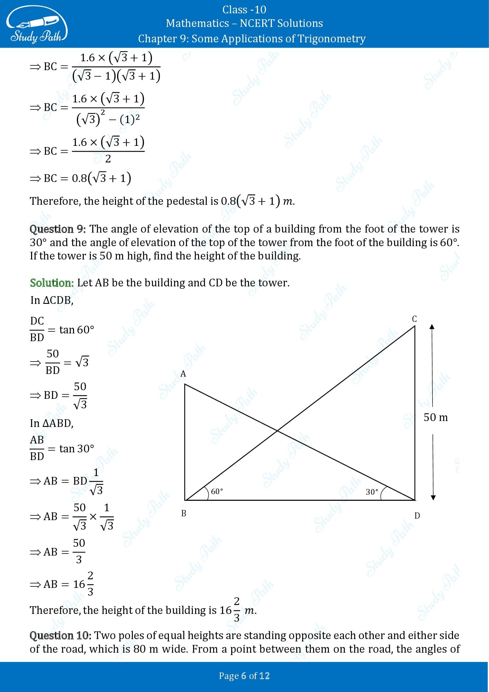 NCERT Solutions for Class 10 Maths Chapter 9 Some Applications of Trigonometry Exercise 9.1 00006