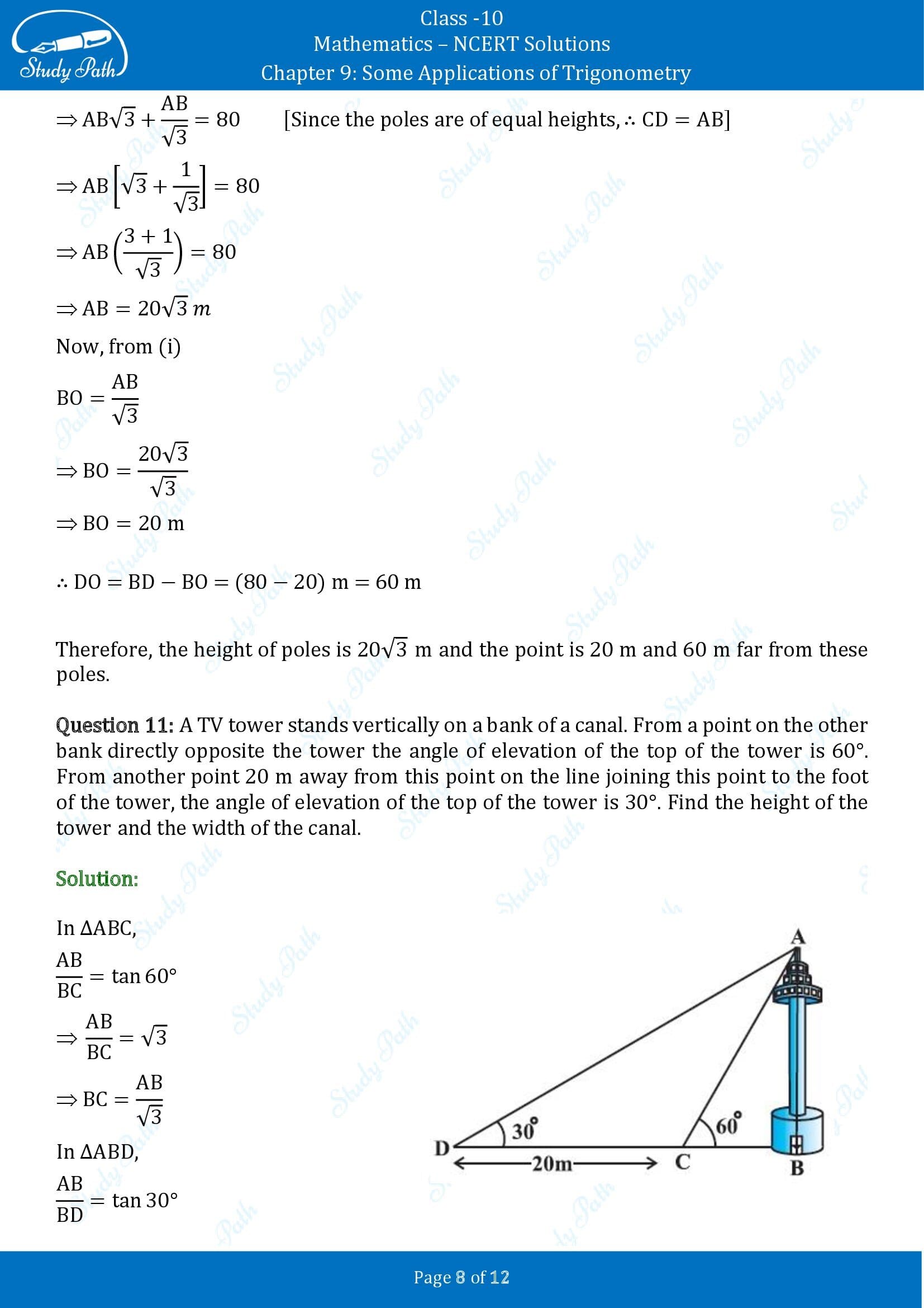 NCERT Solutions for Class 10 Maths Chapter 9 Some Applications of Trigonometry Exercise 9.1 00008