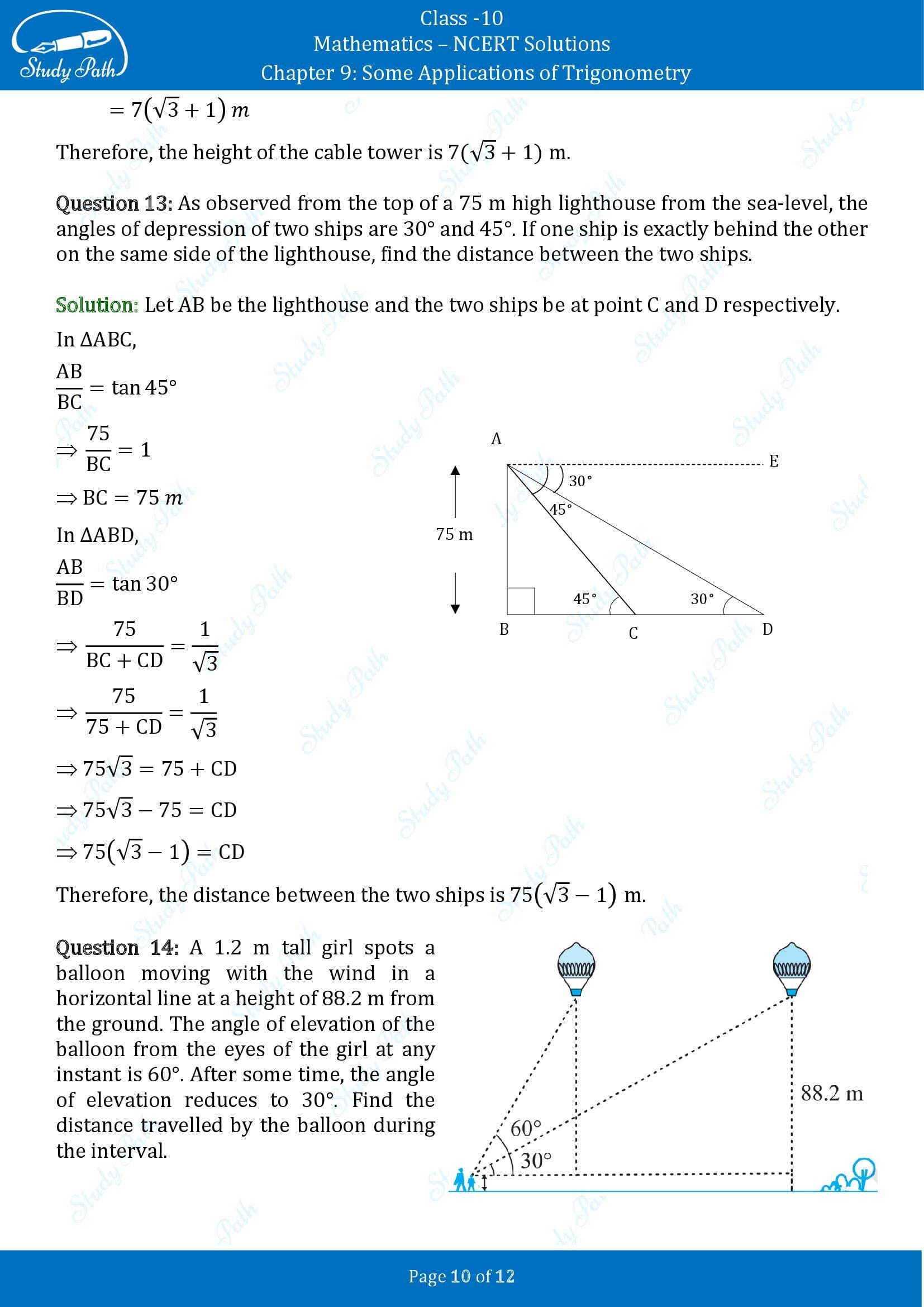 NCERT Solutions for Class 10 Maths Chapter 9 Some Applications of Trigonometry Exercise 9.1 00010