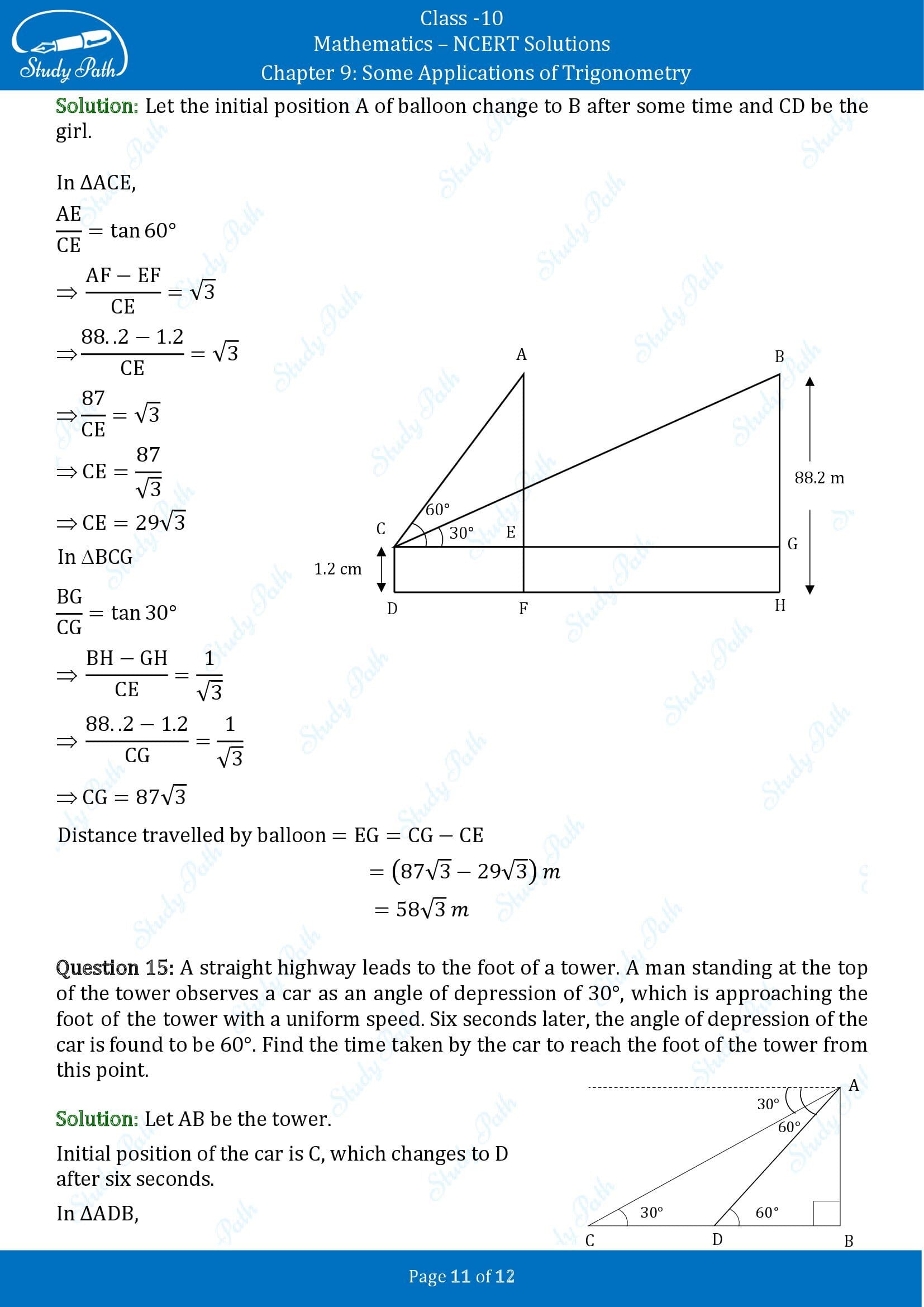 NCERT Solutions for Class 10 Maths Chapter 9 Some Applications of Trigonometry Exercise 9.1 00011