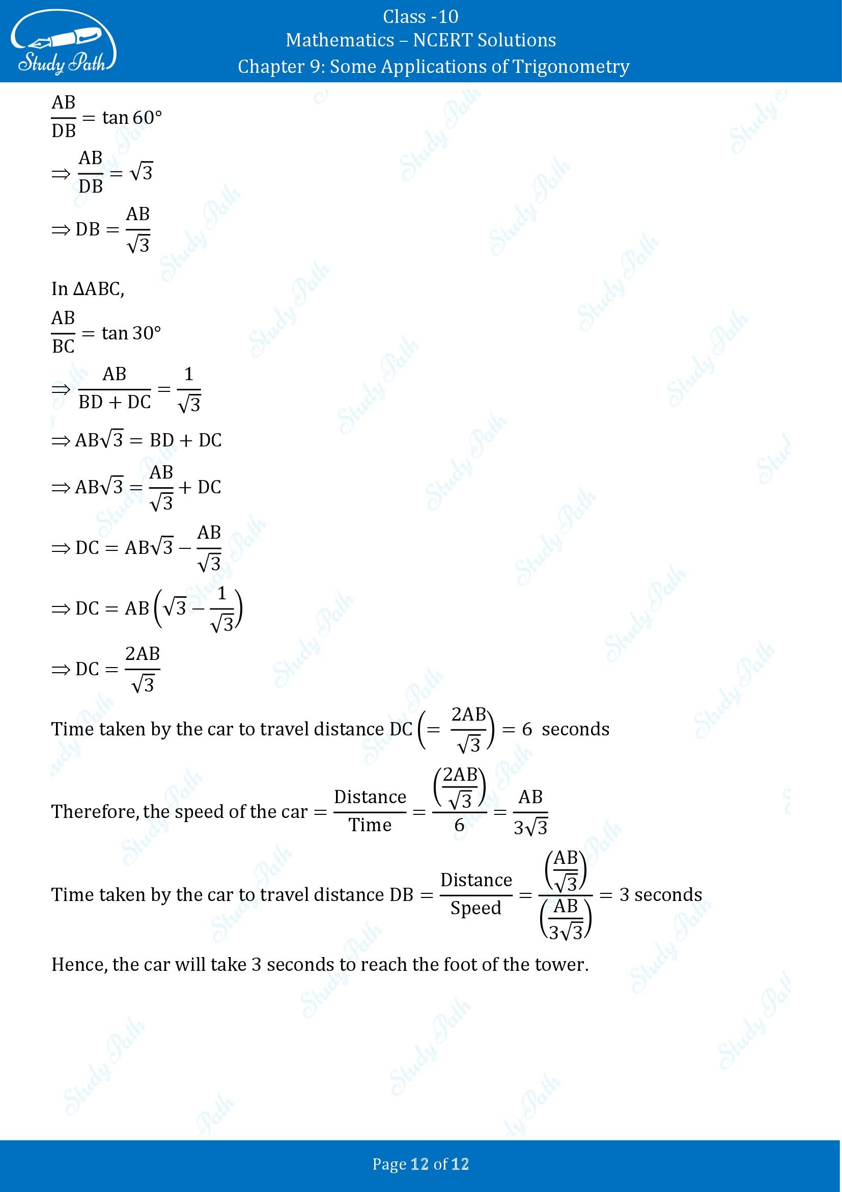 NCERT Solutions for Class 10 Maths Chapter 9 Some Applications of Trigonometry Exercise 9.1 00012