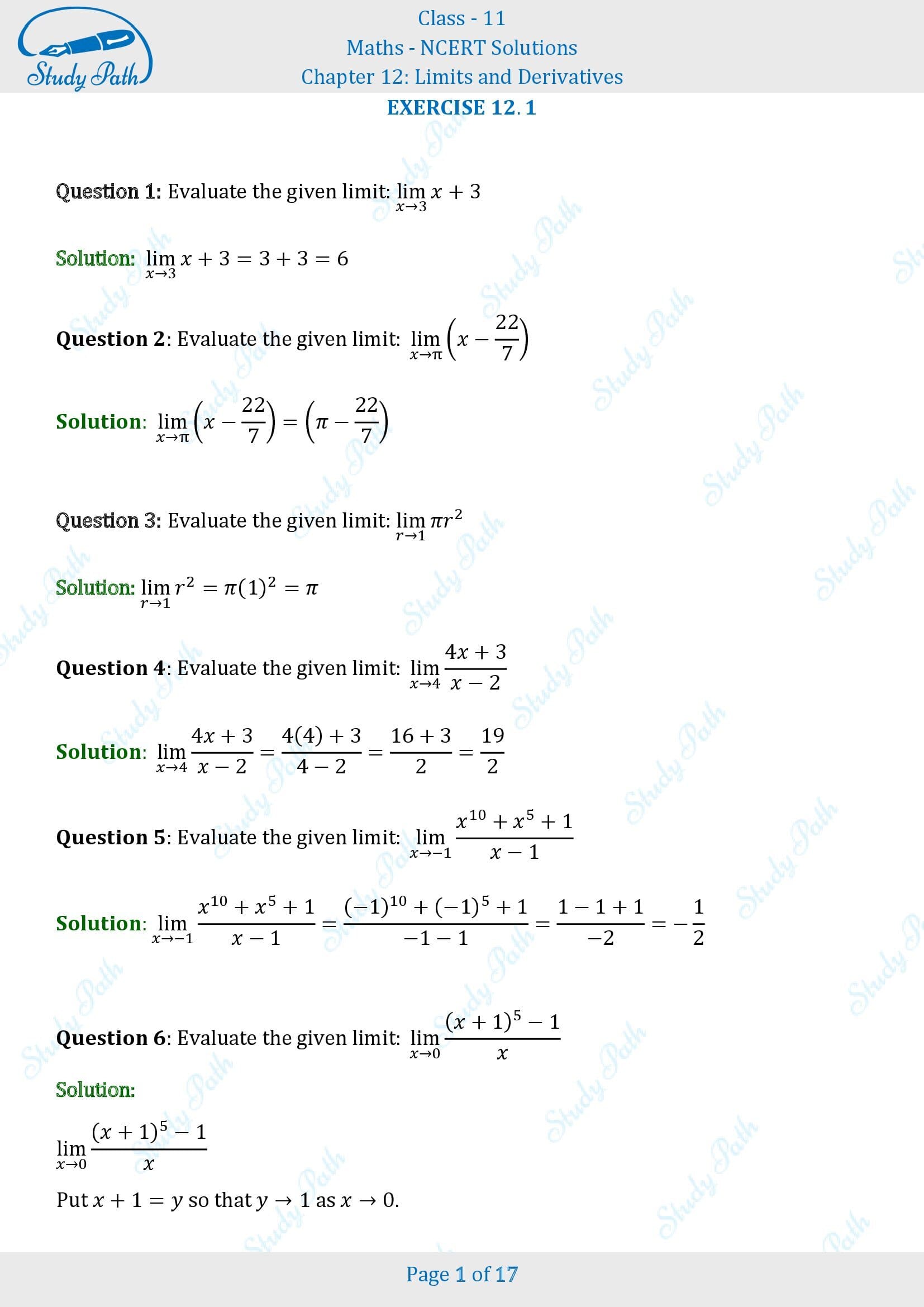 NCERT Solutions for Class 11 Maths Chapter 12 Limits and Derivatives Exercise 12.1 00001