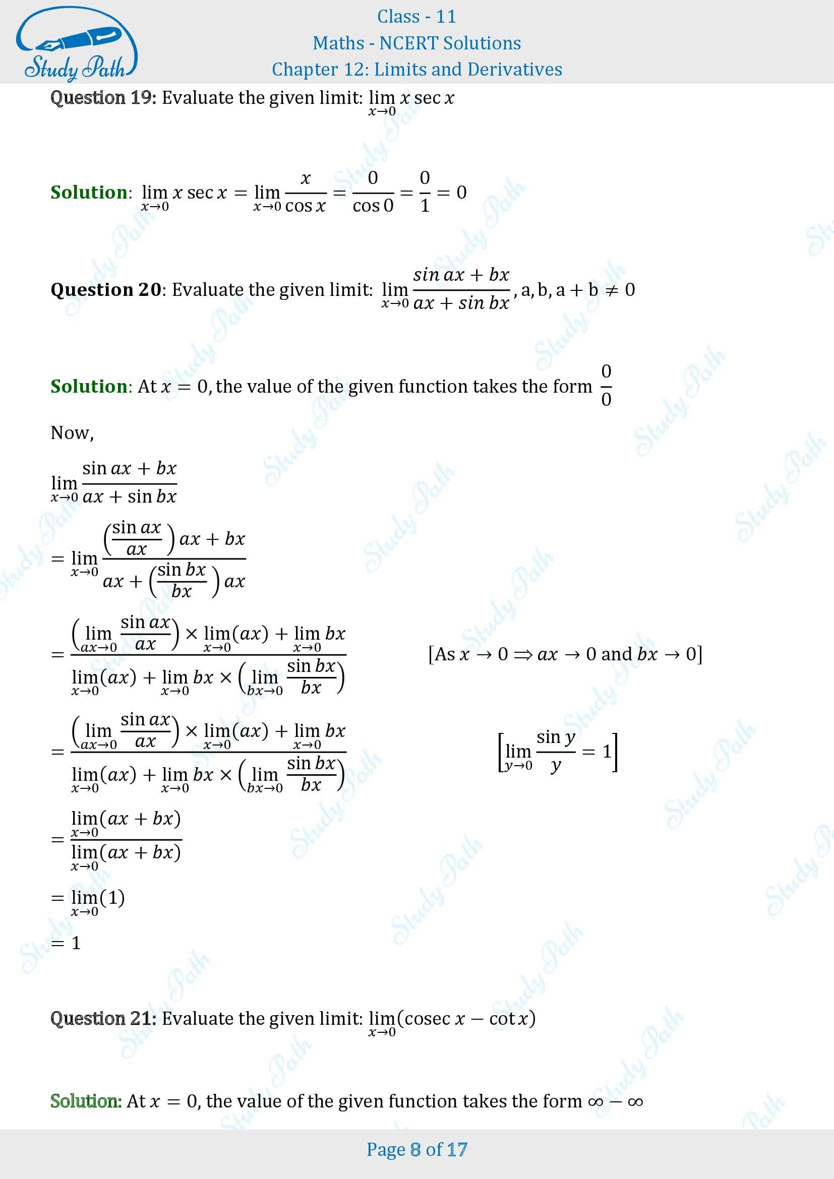 NCERT Solutions for Class 11 Maths Chapter 12 Limits and Derivatives Exercise 12.1 00008