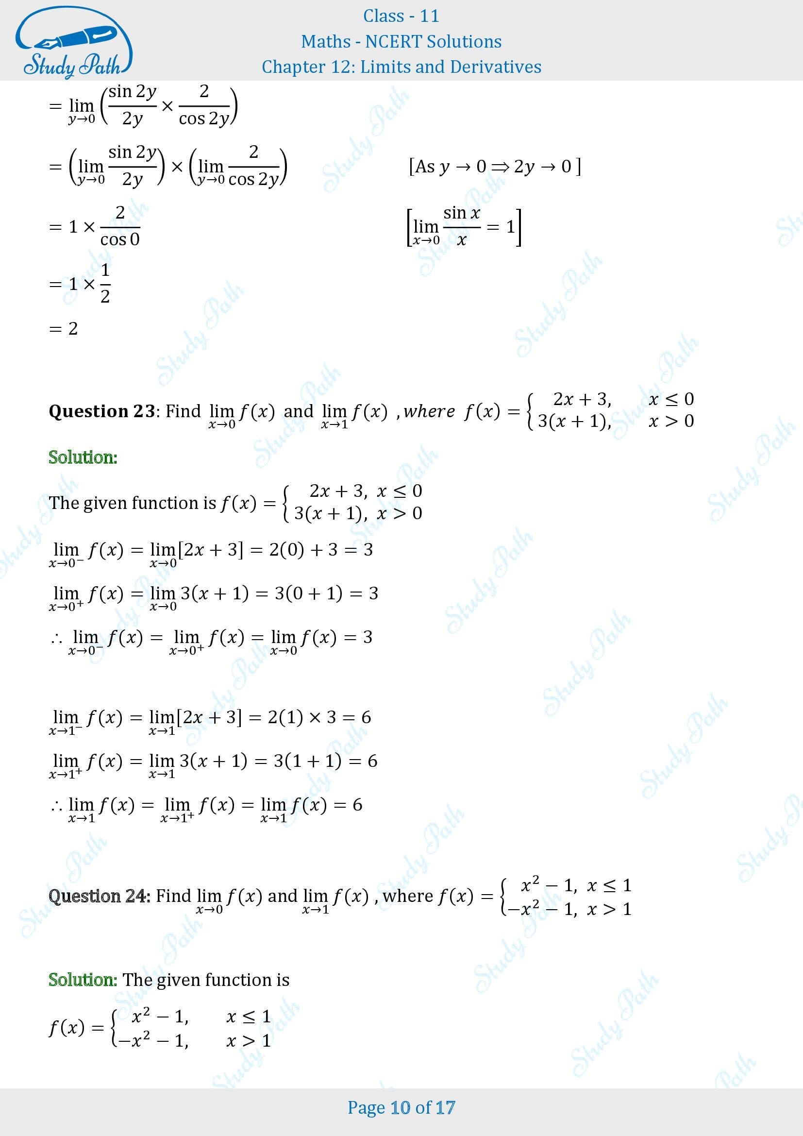 NCERT Solutions for Class 11 Maths Chapter 12 Limits and Derivatives Exercise 12.1 00010